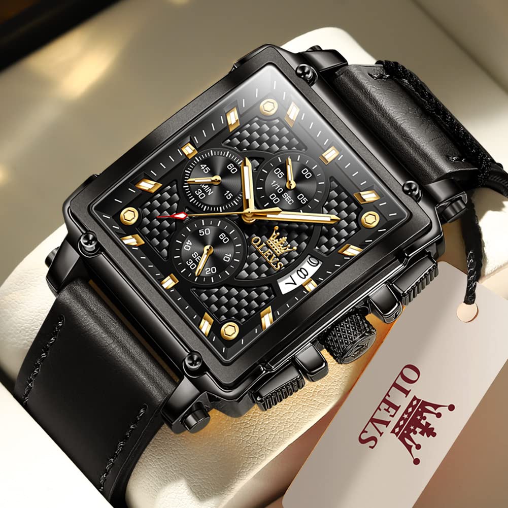 OLEVS Men's Square Chronograph Watch Black Leather Black Dial