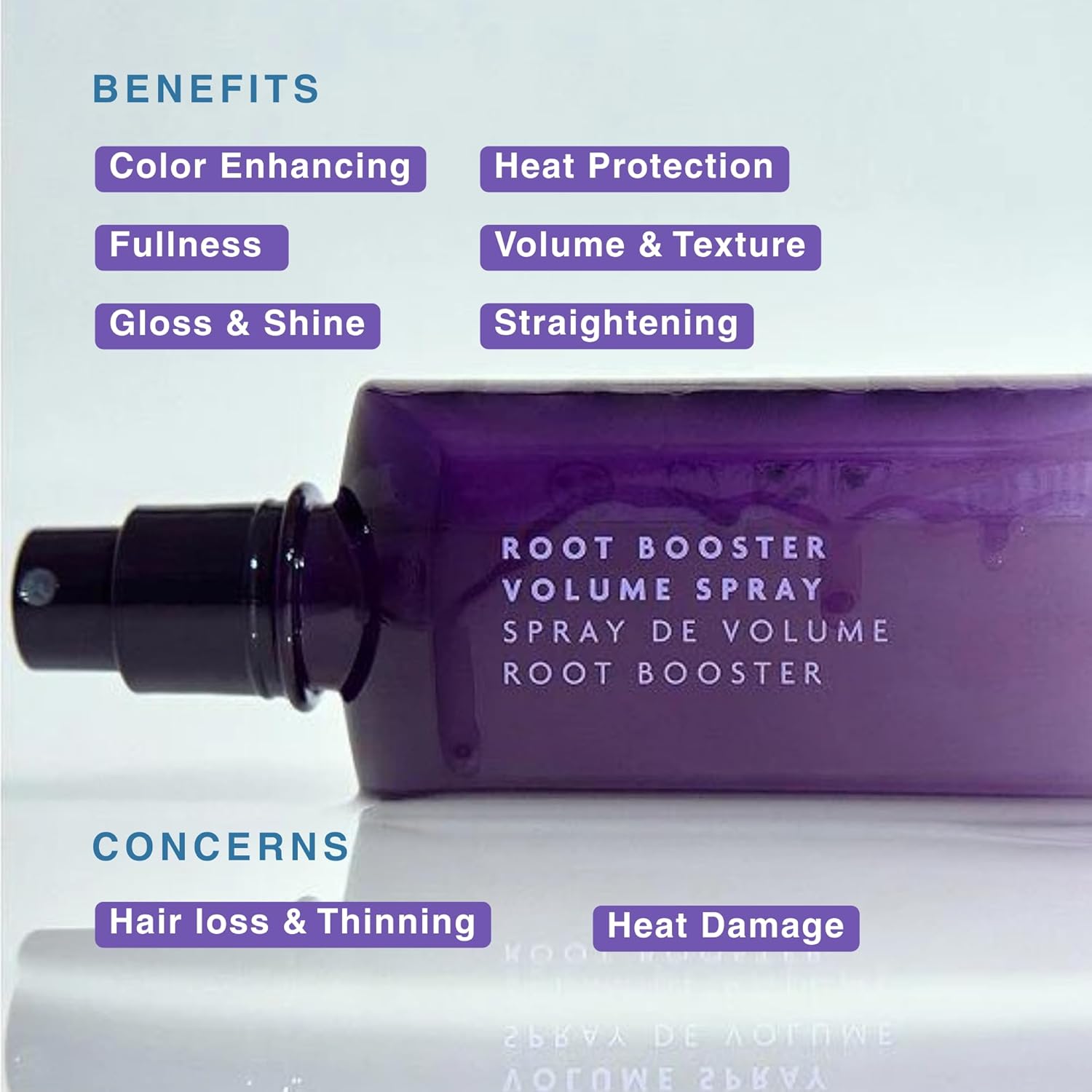 Elefair R+Co BLEU Root Booster volume spray for fine hair, showing the aerosol can with branding and product details.