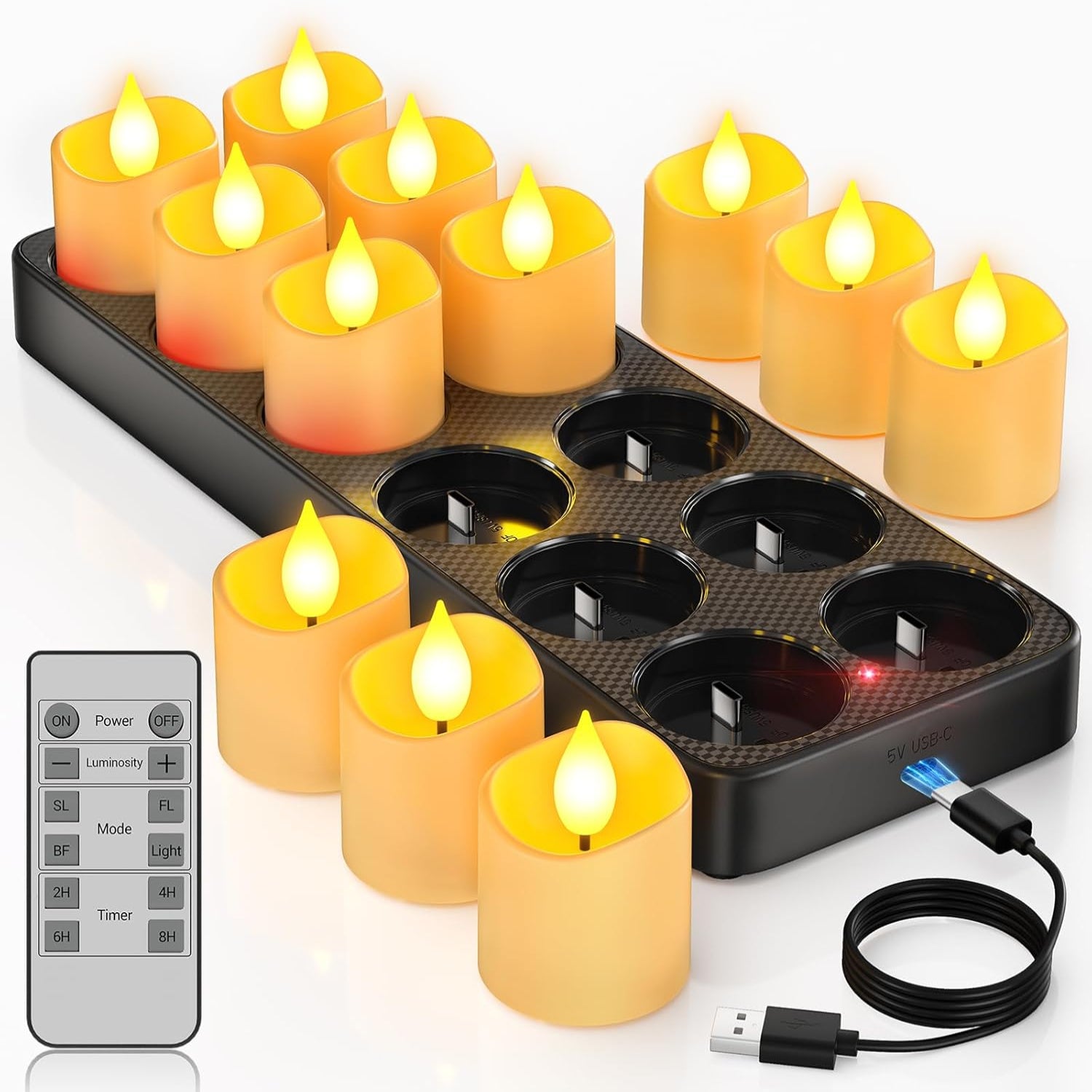Yme rechargeable tea lights candles with charger and storage base, 12-pack, battery-operated LED tea lights for ambiance.