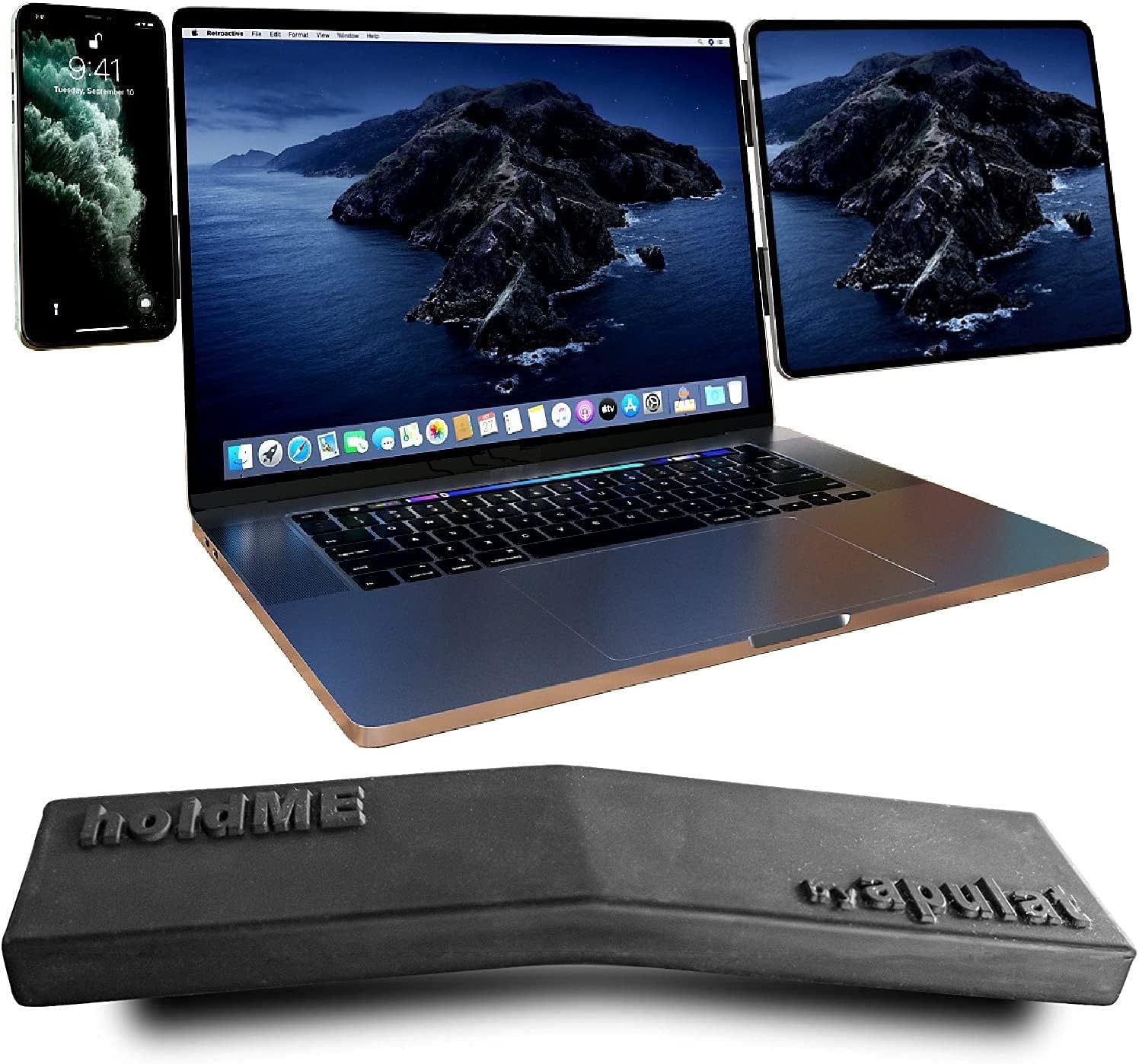 Apulat portable magnetic device stand holding iPhone or iPad attached to a laptop monitor for expanded mobile display.
