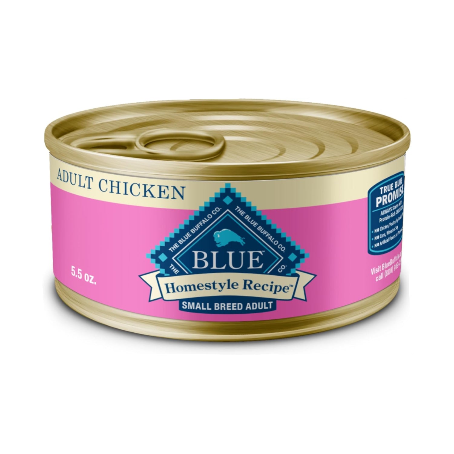 Blue Buffalo Homestyle Recipe small breed wet dog food cans, 5.5 oz, showing colorful dog food inside the can