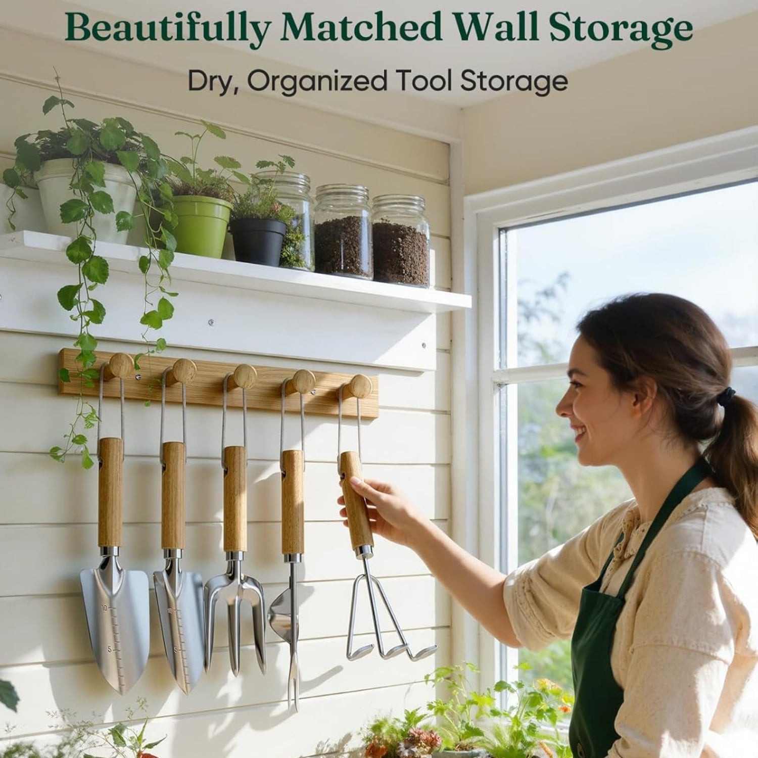 Grenebo wood wall hooks organizer with gardening tool set, 6-piece garden tools and hooks for outdoor storage and organization