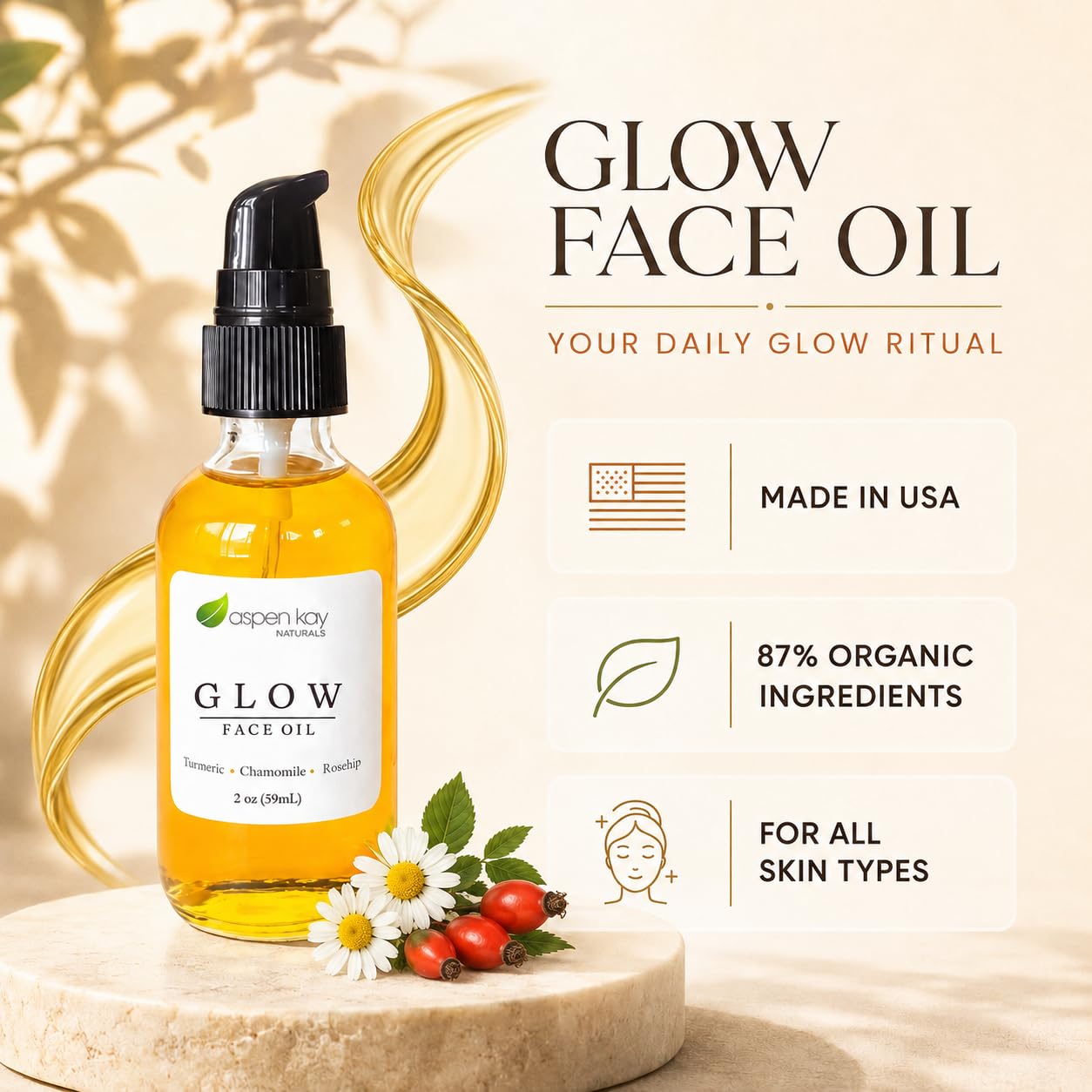 Glow Turmeric Face Oil Organic Rosehip Oil Camellia Vitamin - Aspen Kay Naturals Official Imagery - 3