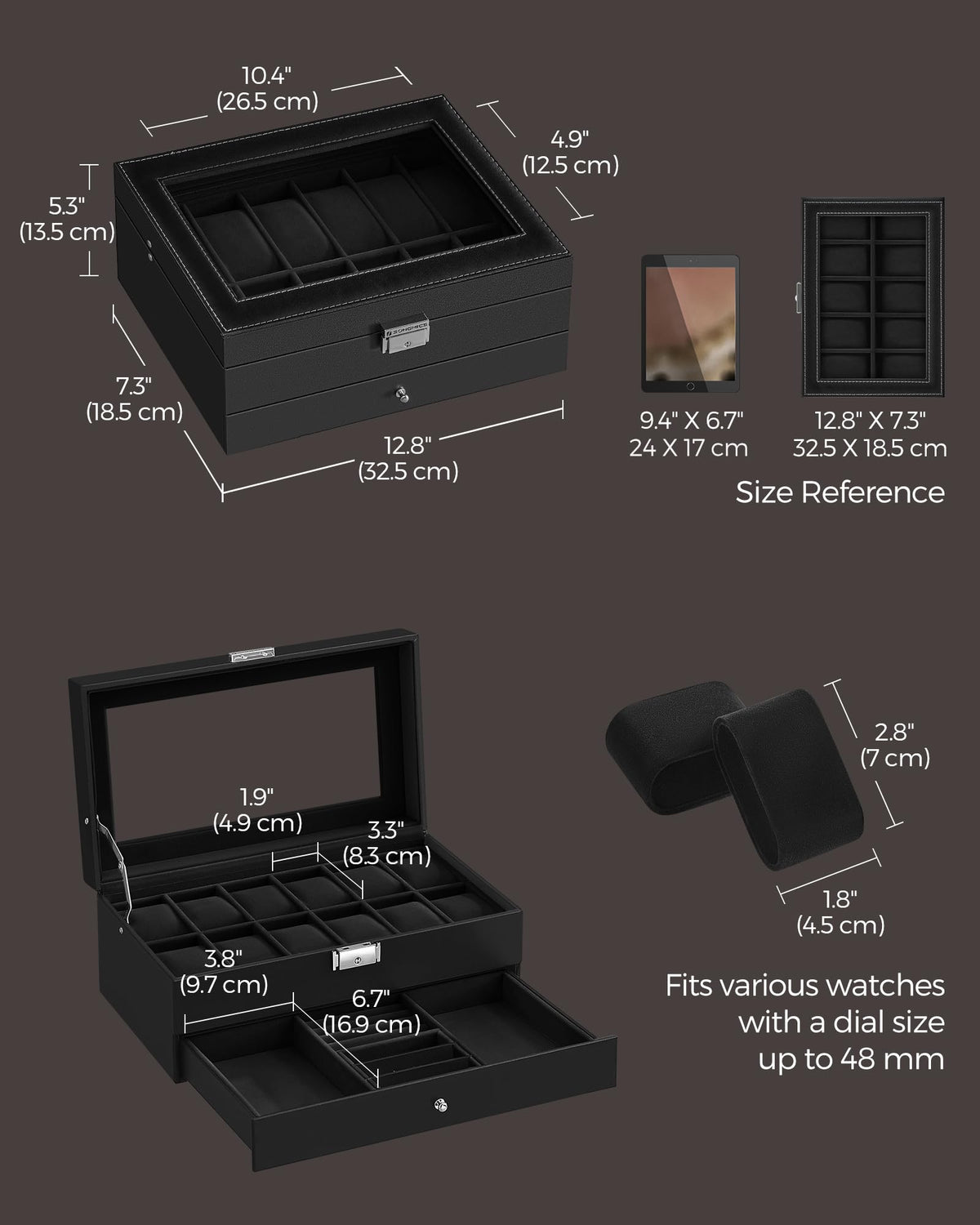 SONGMICS 12 Slot Watch Box Lockable with Glass Lid 2 Layers - SONGMICS Official Imagery - 3