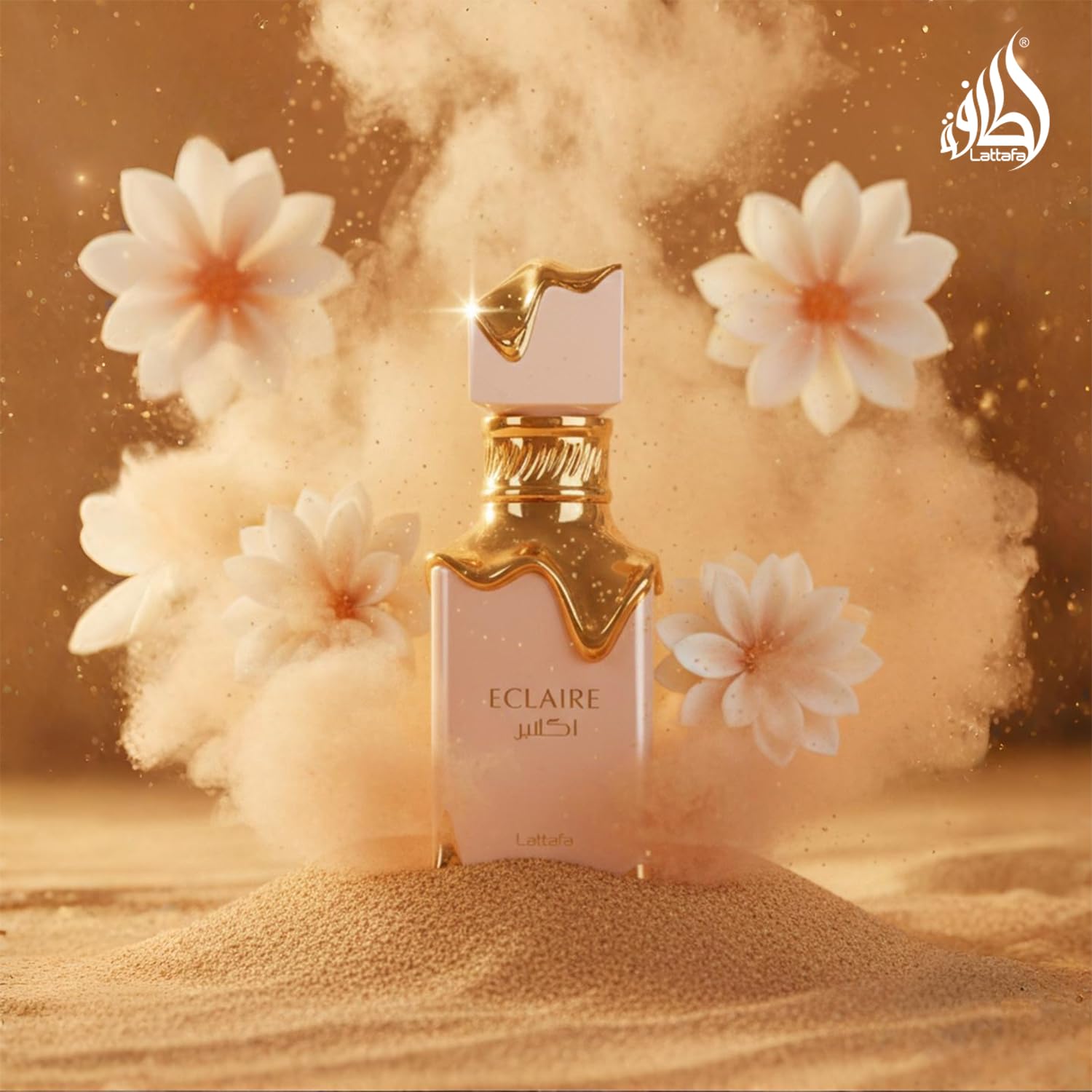 Lattafa Eclaire Eau de Parfum for women with vanilla, caramel, floral notes, 3.4 oz bottle, long-lasting fragrance