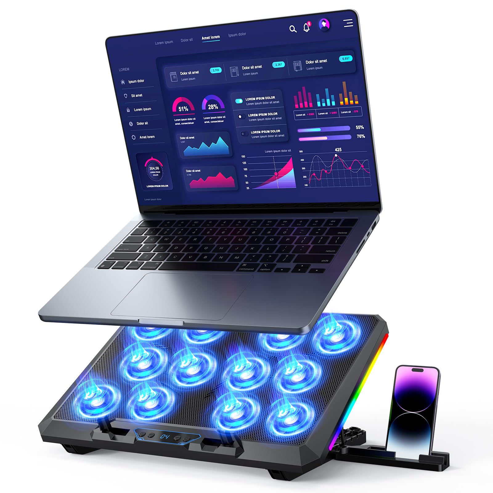 Trullypine Laptop Cooling Pad with 12 Quiet Fans, Slim Portable for 12-17.3 Inch Laptop Cooler Stand, RGB Lighting, with 5 Height Adjustable, Gaming Cooling Fan Pad,Two USB Ports, Phone Holder (LCD)