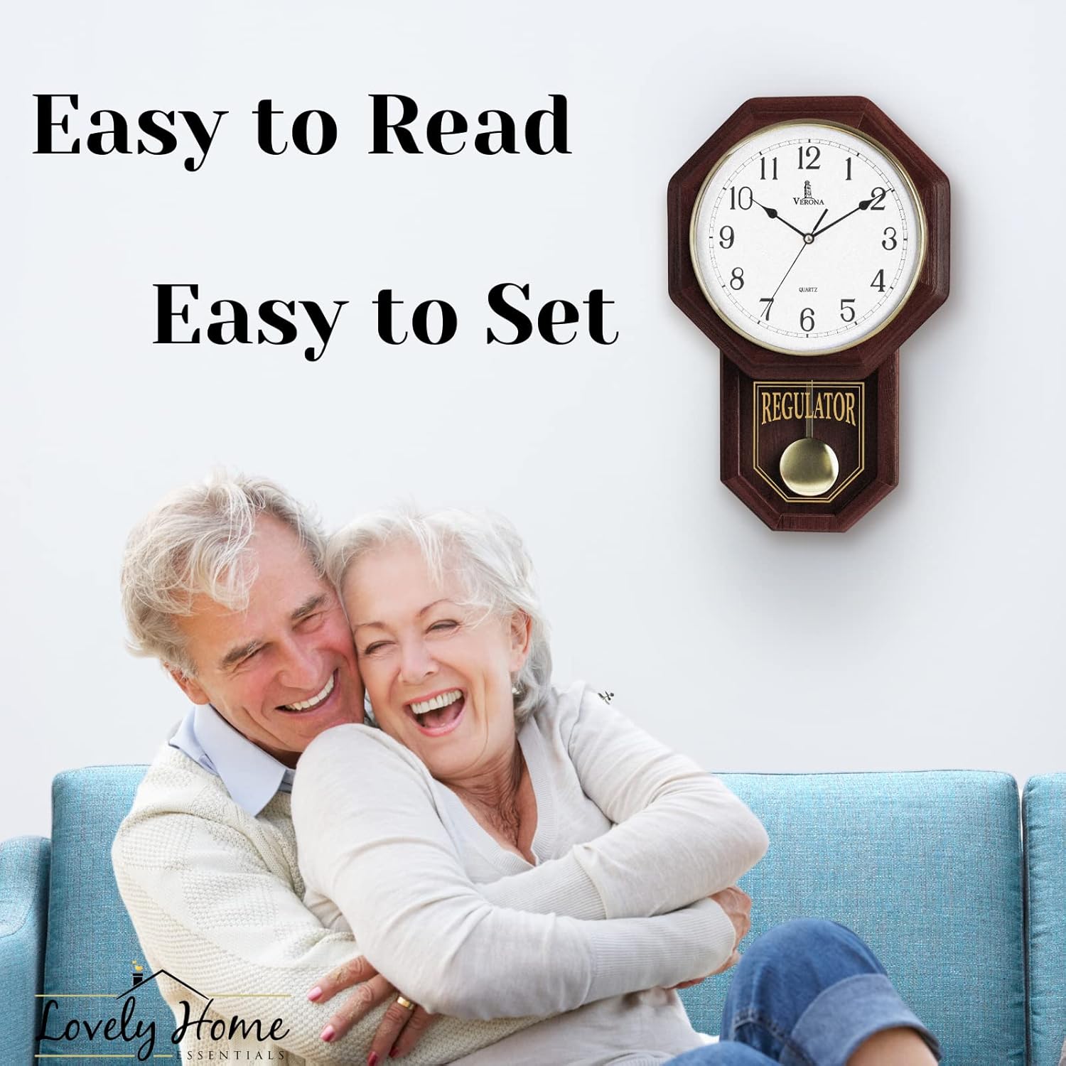 Lovely Home Essentials pendulum wall clock with real wood finish and schoolhouse design, featuring a quiet, non-ticking regulator clock.