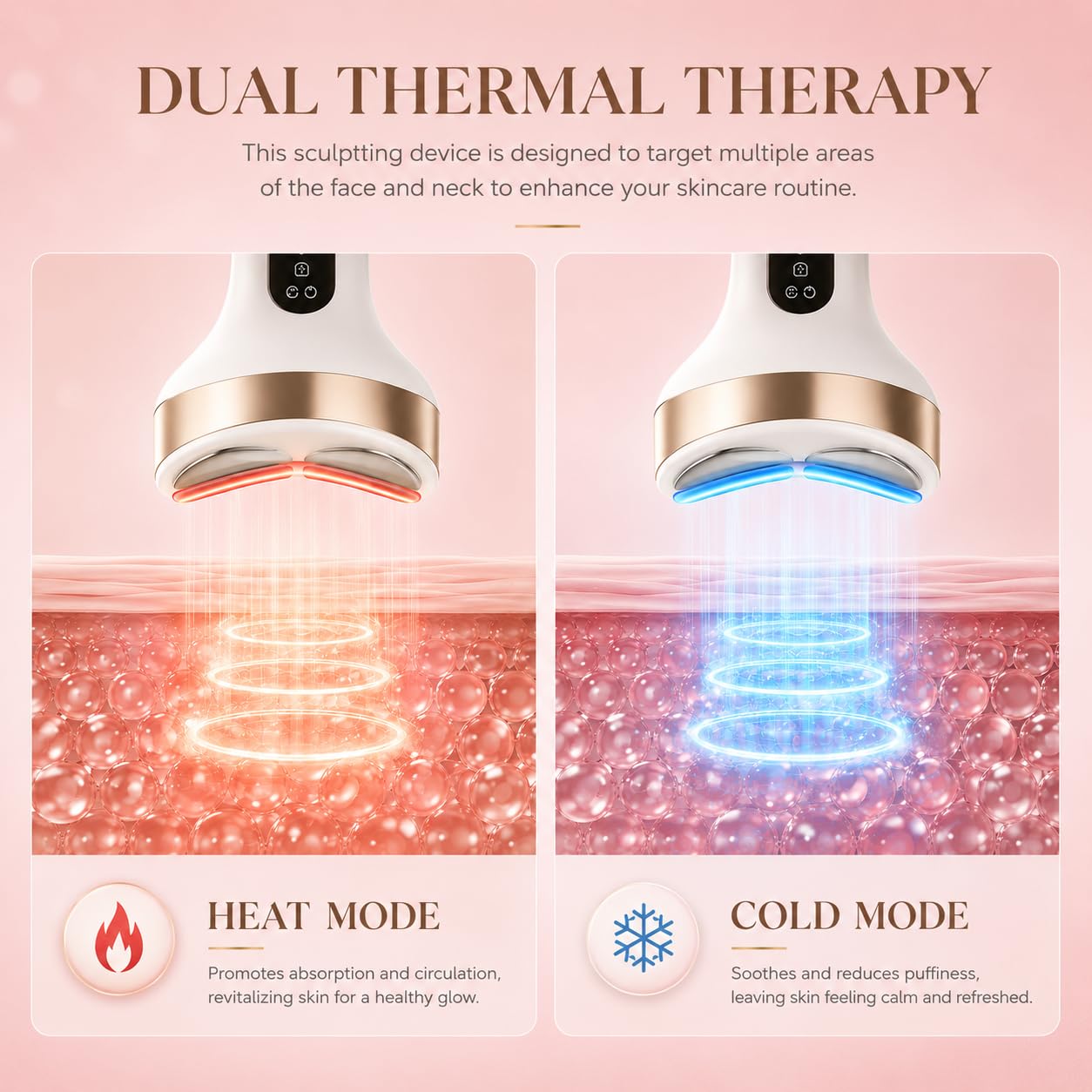 Rylynn Cold Heat Facial Body Massager, Wide-Curved Sculpting Tool for Face Depuffing, Neck and Chest Lifting, 7 Modes Smart Touch Vibration with Red Light for Lymphatic Drainage