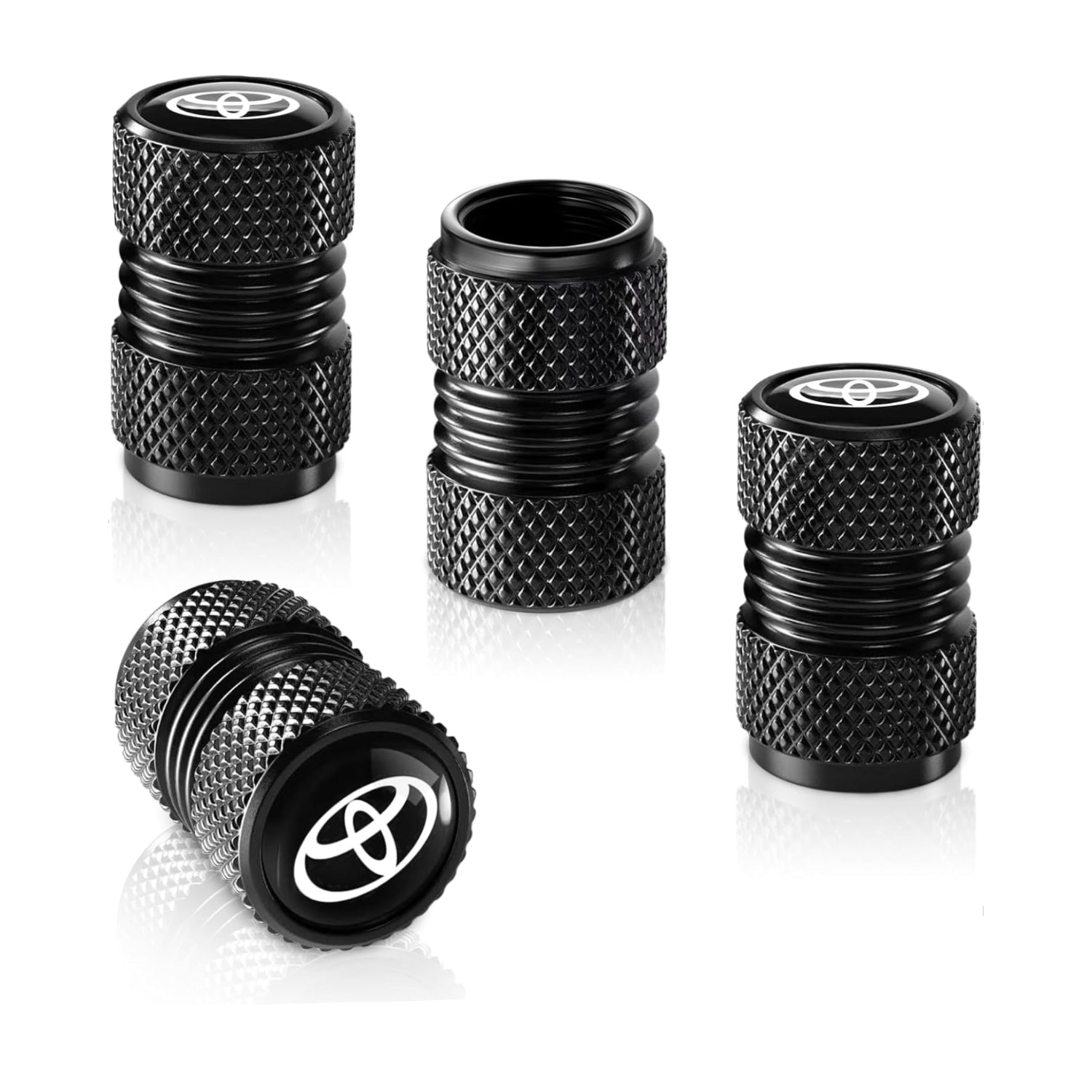 Set of four black tire valve stem cap covers with O-ring seals, corrosion-resistant car accessories for Toyota vehicles.