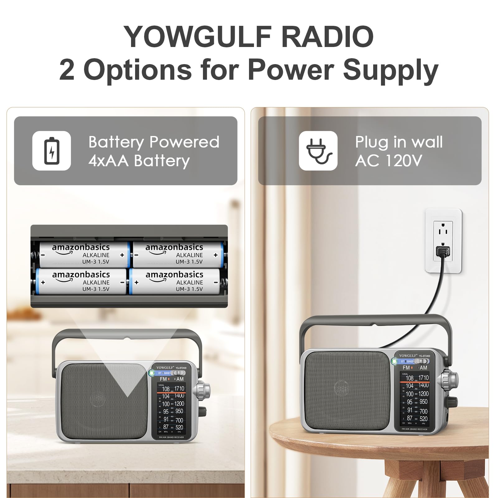 YOWGULF Portable AM FM Radio Battery or AC Power