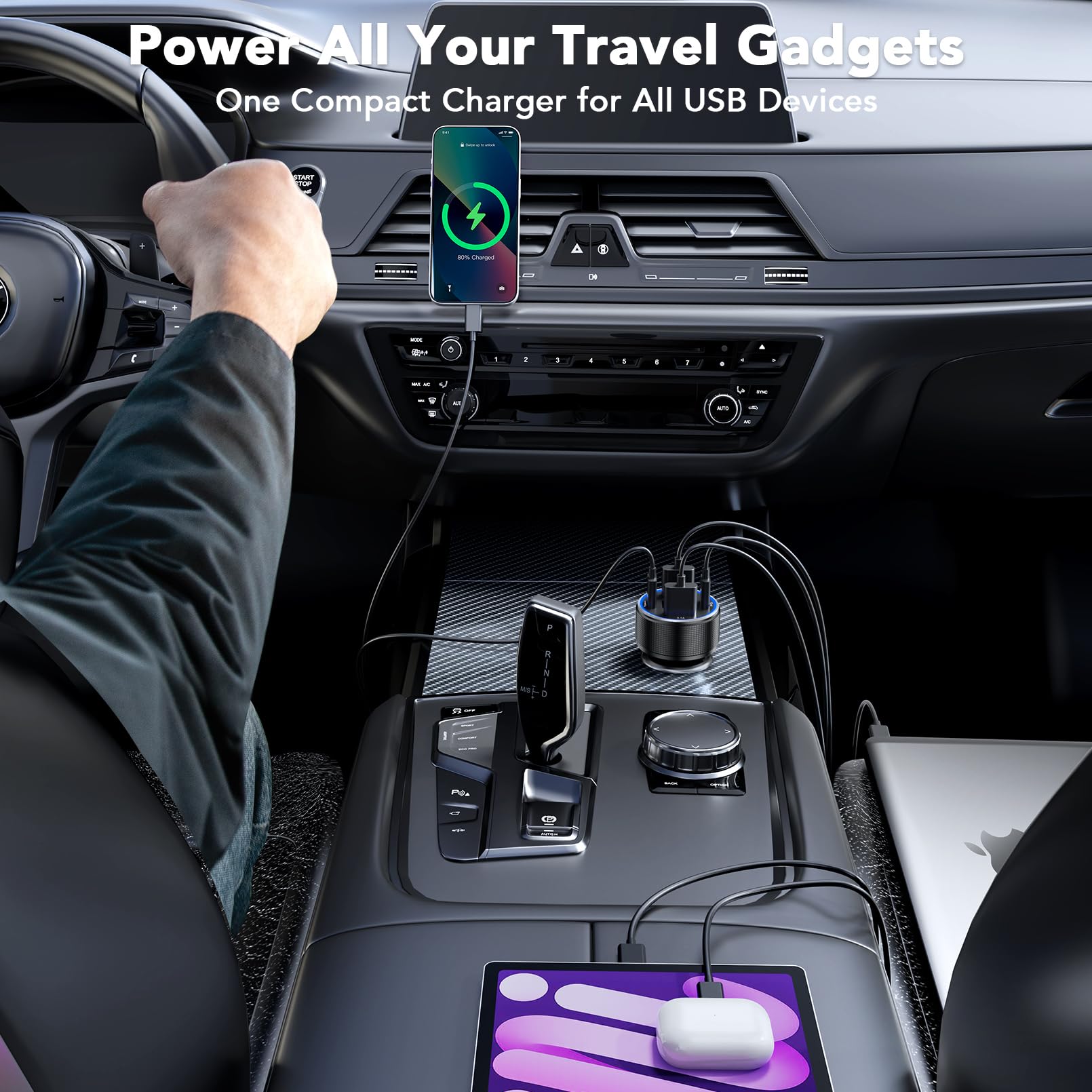 AGEK Car Charger USB C Fast Charge, 4 Port 78W Metal Car Phone Ch by AGEK - Angle View 6