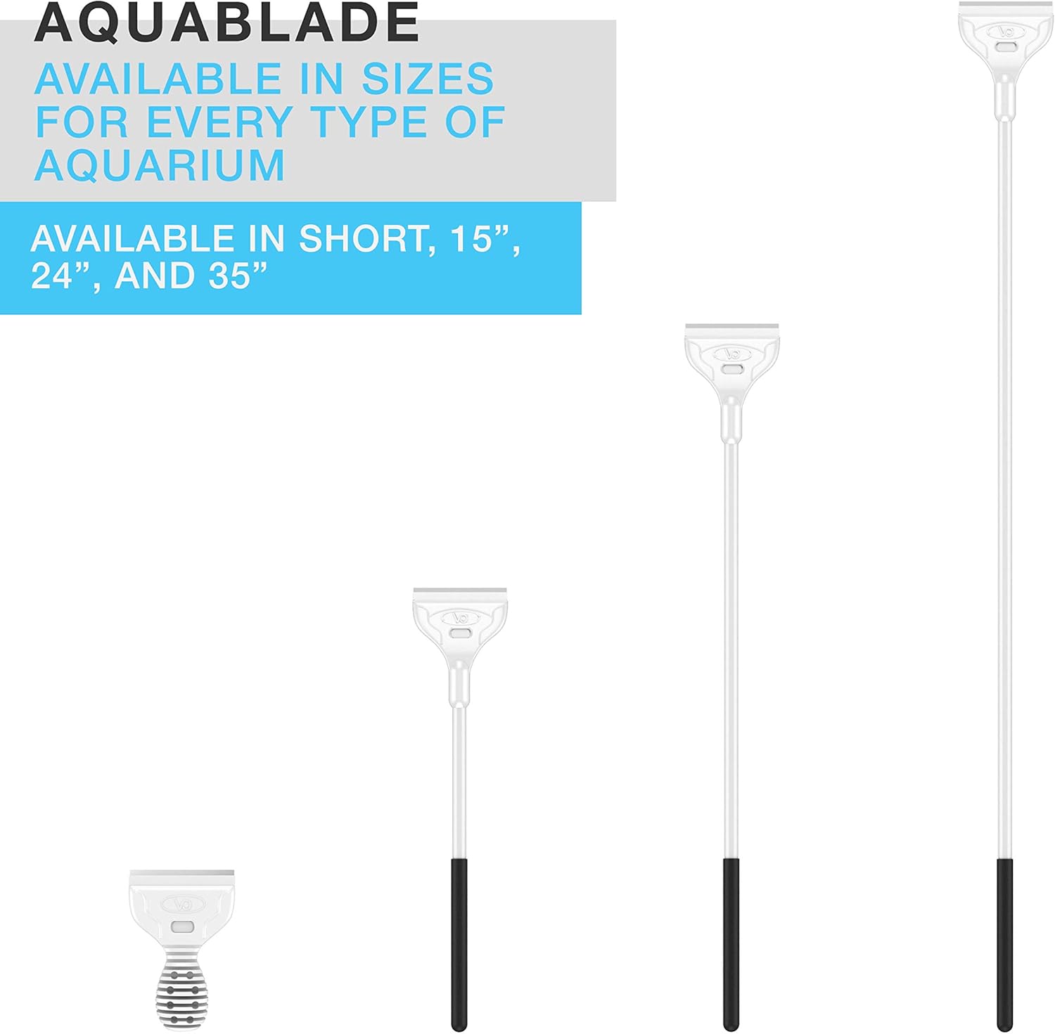 Continuum Aquatics AquaBlade M stainless steel aquarium scraper cleaning a white fish tank glass surface.