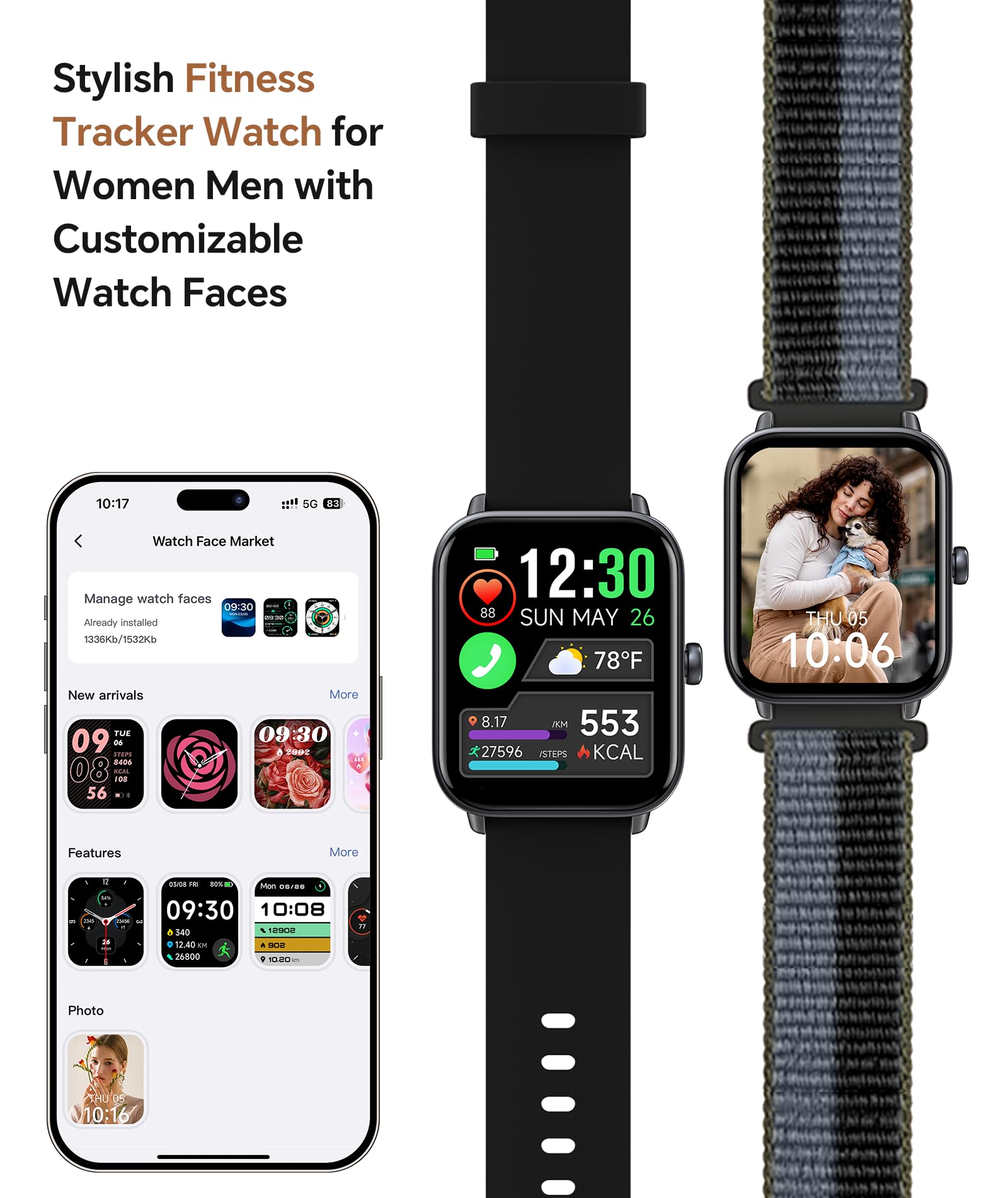 Quican Smart Watches for Women/Men, 2 Bands, Compatible for Android iP - View 5