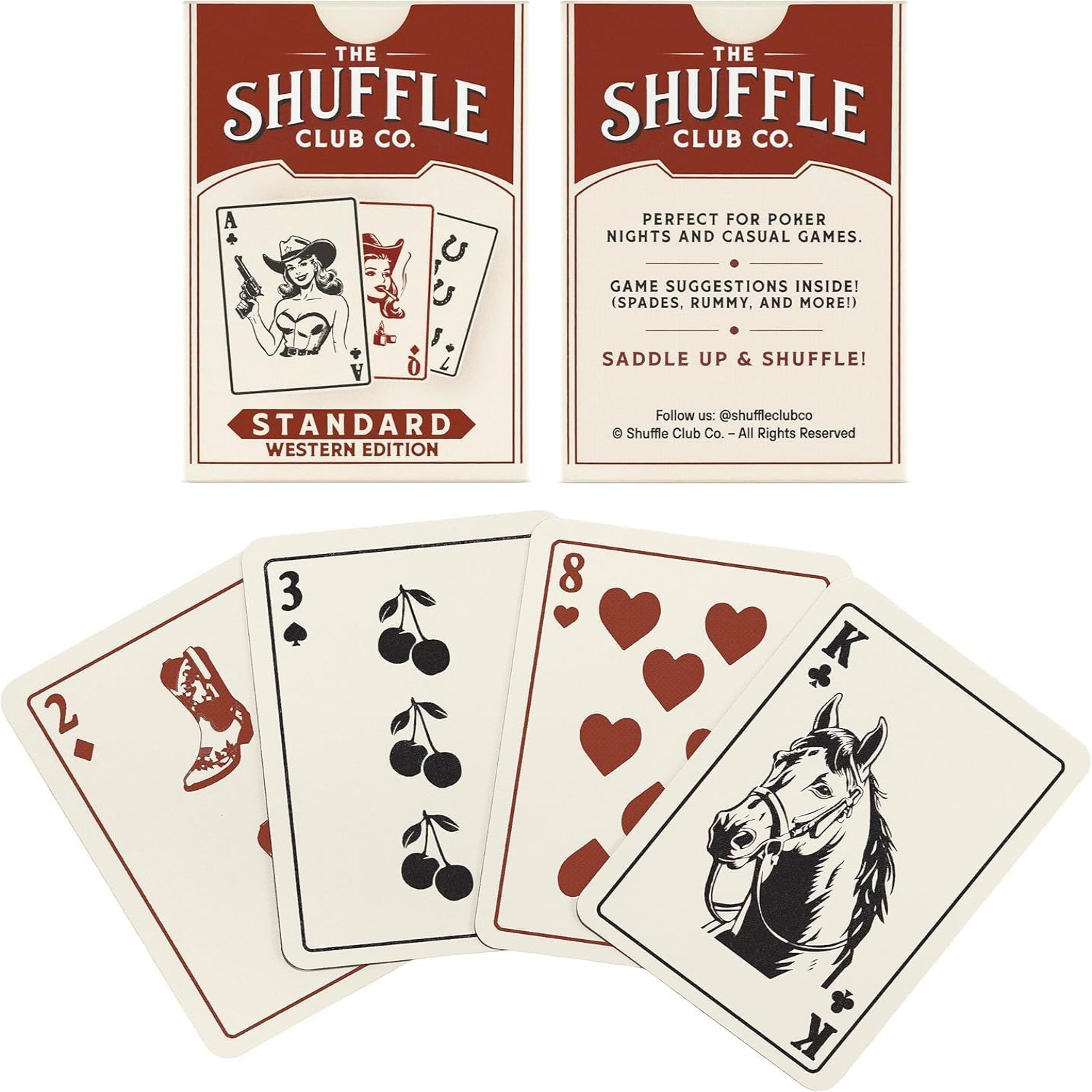 Hand-illustrated Western playing cards featuring vintage cowboy artwork from Shuffle Club Co, showcasing a Wild West themed deck.