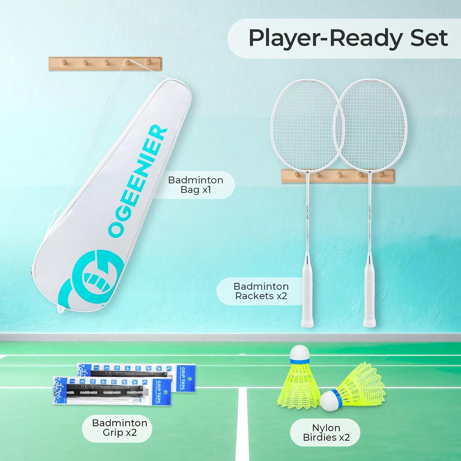 OGEENIER 3U badminton racket set with lightweight rackets, available in 2-pack and 4-pack, suitable for recreational play