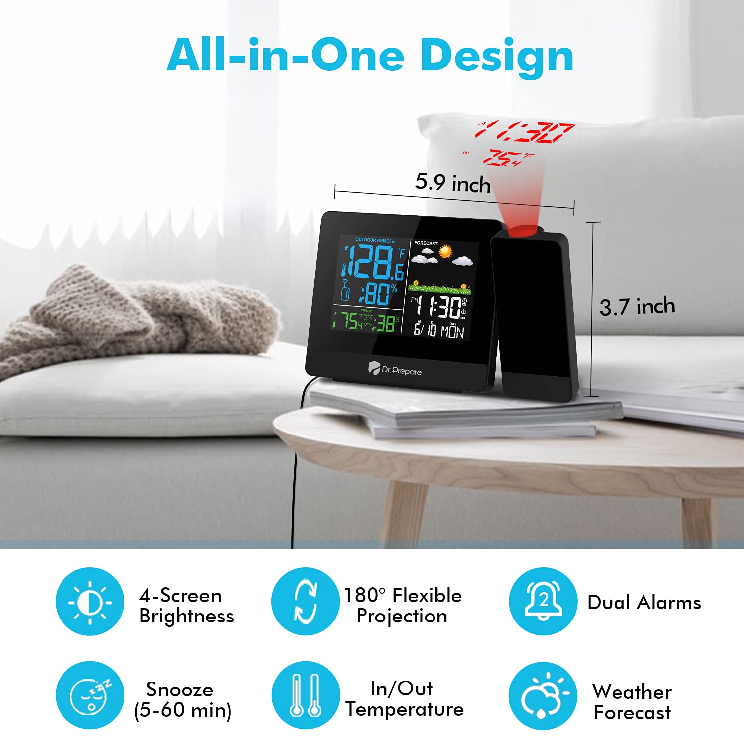 DR.PREPARE Projection Alarm Clock, Digital Clock Projector on Ceiling - View 6