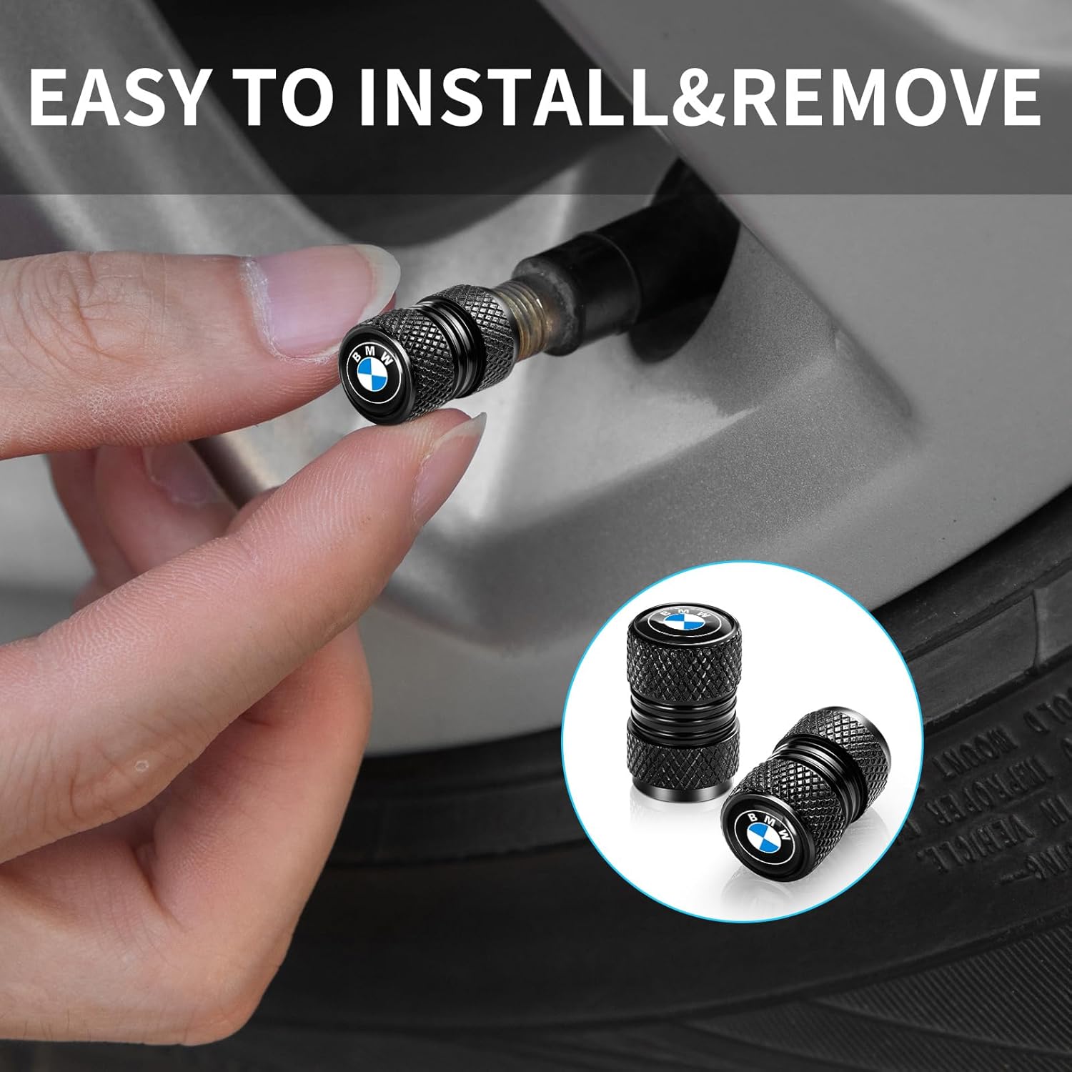 Set of four black BMW tire valve stem cap covers with O-ring seal, corrosion-resistant car accessories by Xpress Sports.