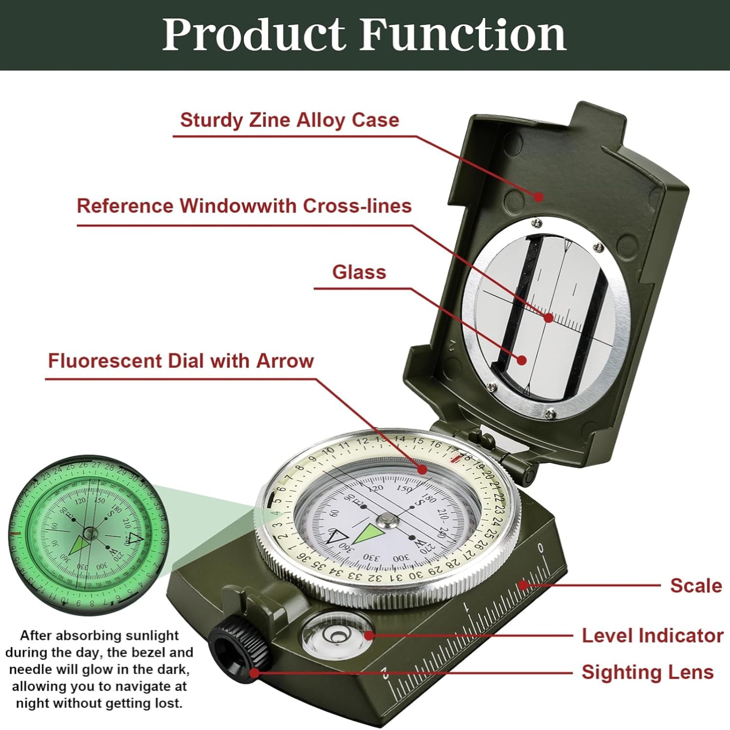 Jewheg hiking compass for survival, waterproof and durable pocket compass with clear directional markings.