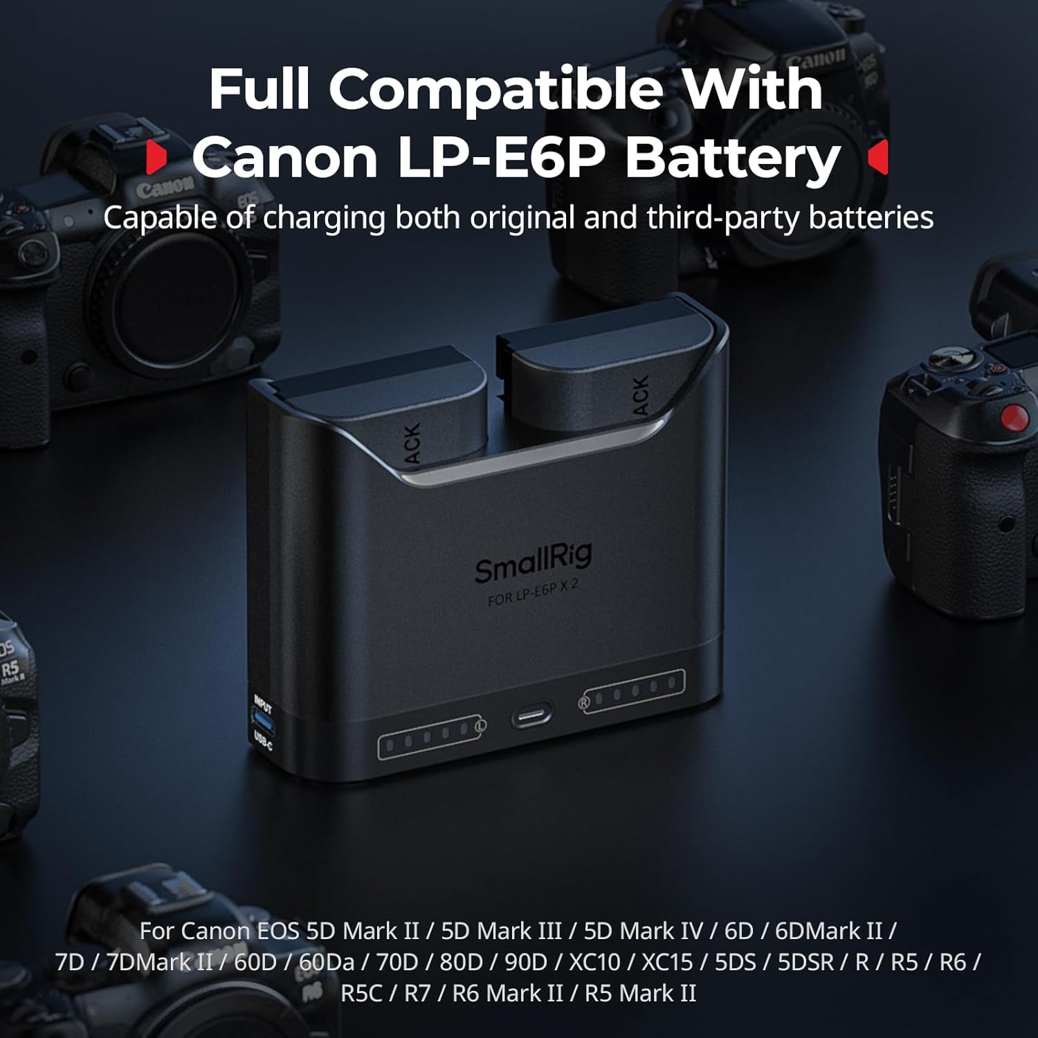SMALLRIG LP-E6P battery charger for Canon with dual slots, compact design, and charging indicator lights.