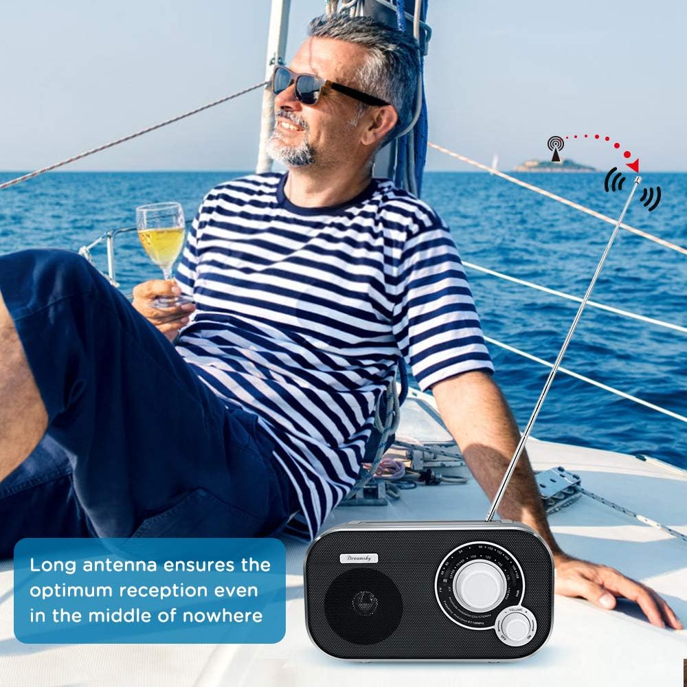 DreamSky portable AM FM radio with plug-in wall and battery options, suitable for home and outdoor use, shown in the image.