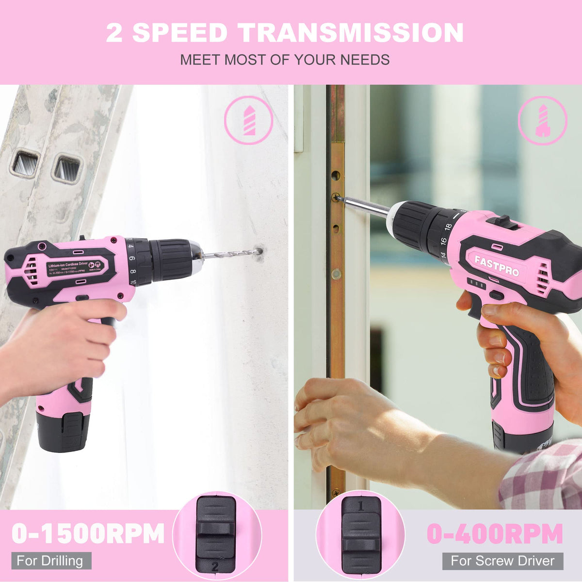 FASTPRO 12V Pink Drill Set for Women Home Tool Set with Bag - FASTPRO Official Imagery - 5