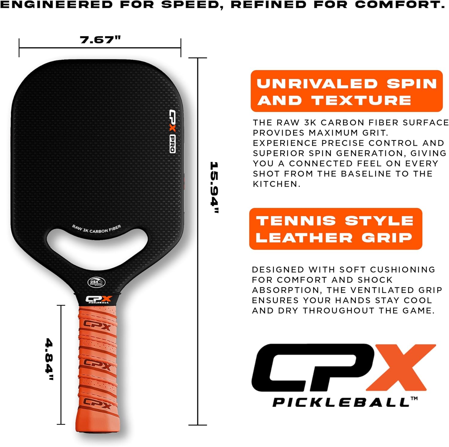 CPX Pro Carbon Fiber Pickleball Paddle with honeycomb design, matte finish, professional-grade construction, and ergonomic handle.