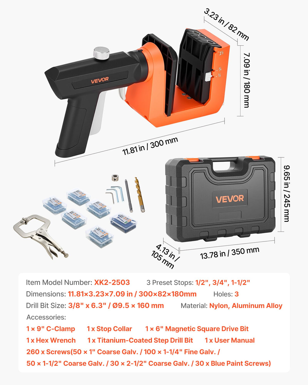 VEVOR Pocket Hole Jig Kit 1 2 3 4 1 1 2 Adjustable 360 - VEVOR Official Imagery - 4