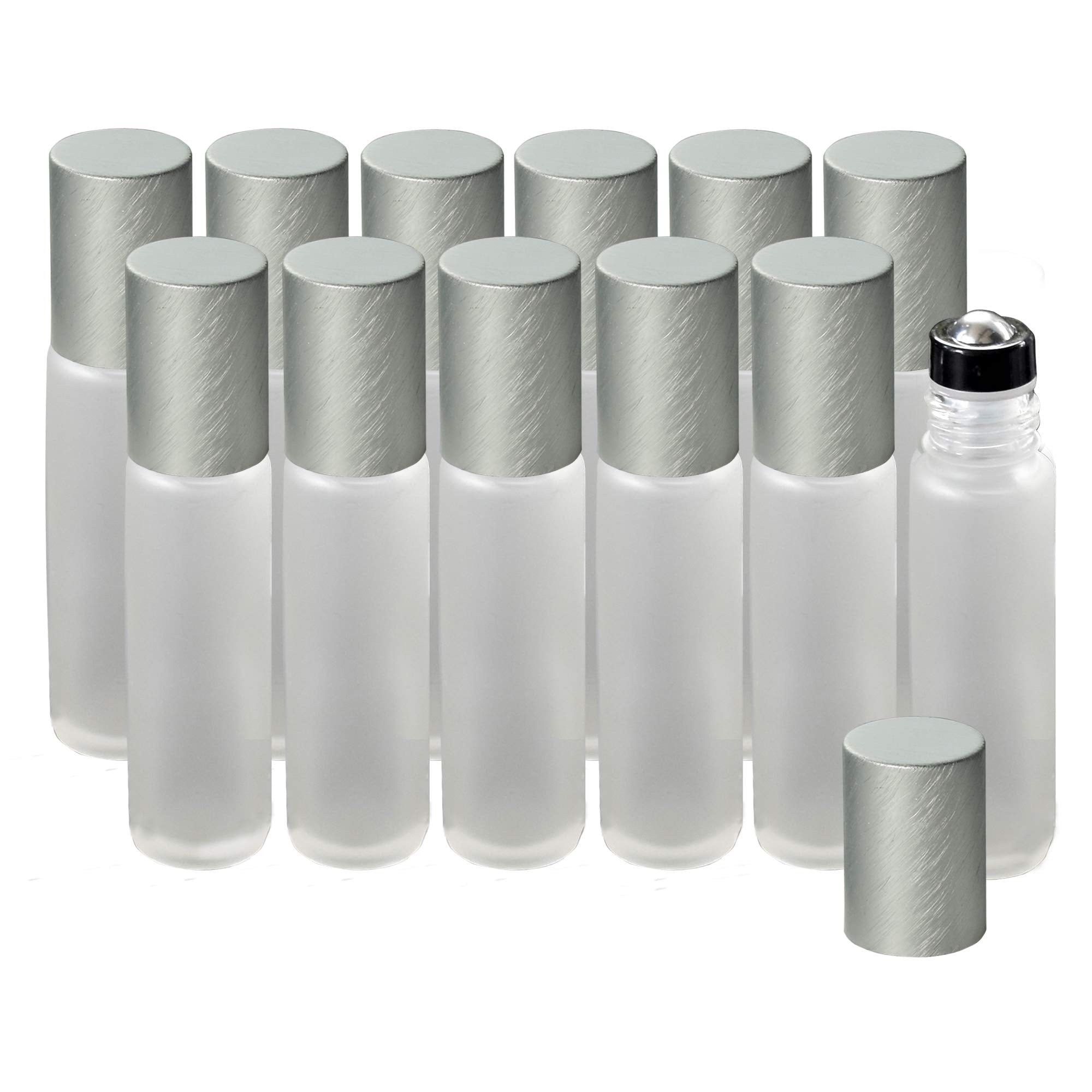 12-Pack Frosted Clear Glass Roller Bottles with Brushed Silver - Product Imagery