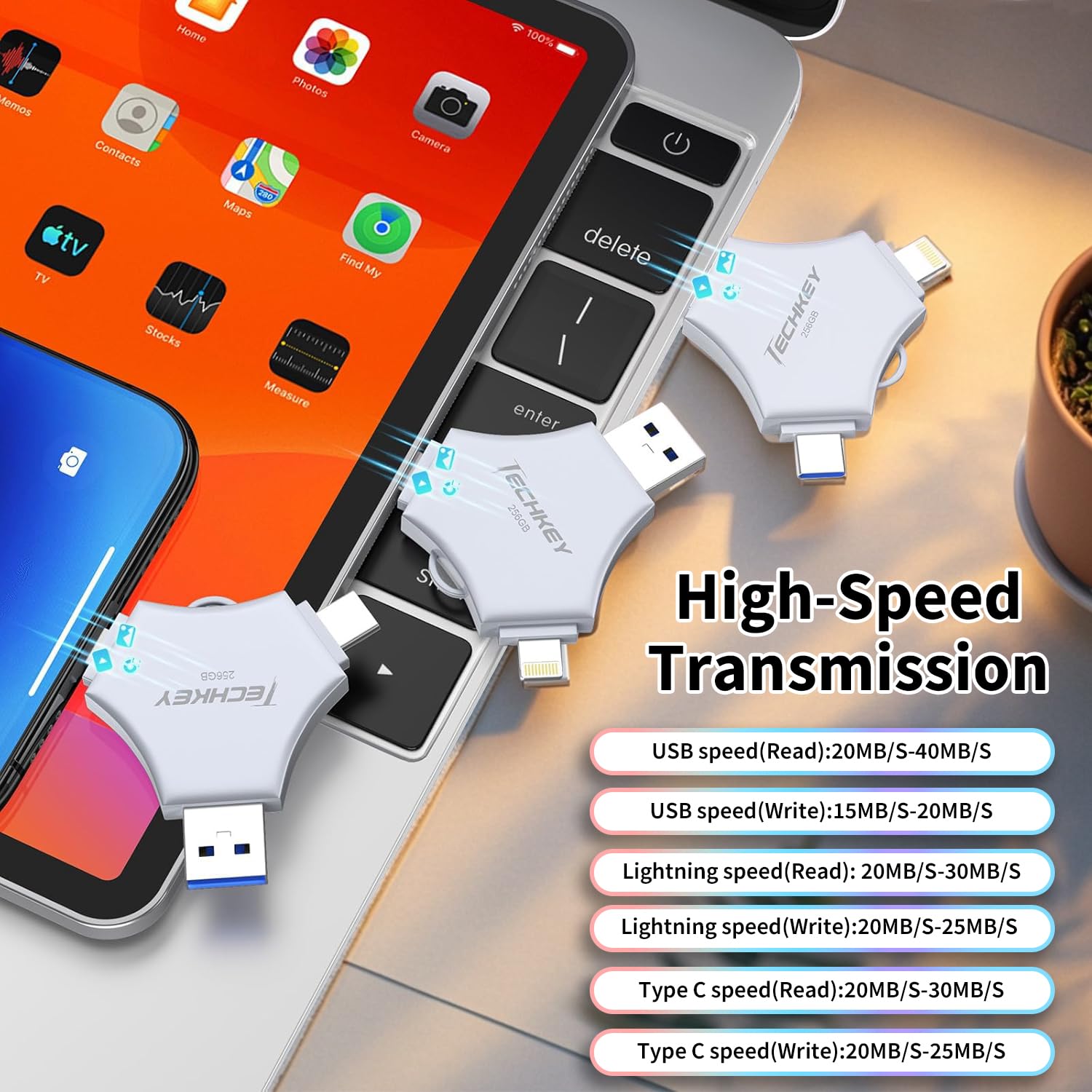 Techkey USB Flash Drive for iPhone/iPad, MFi Certified 3in1, 256G by Techkey - Angle View 7