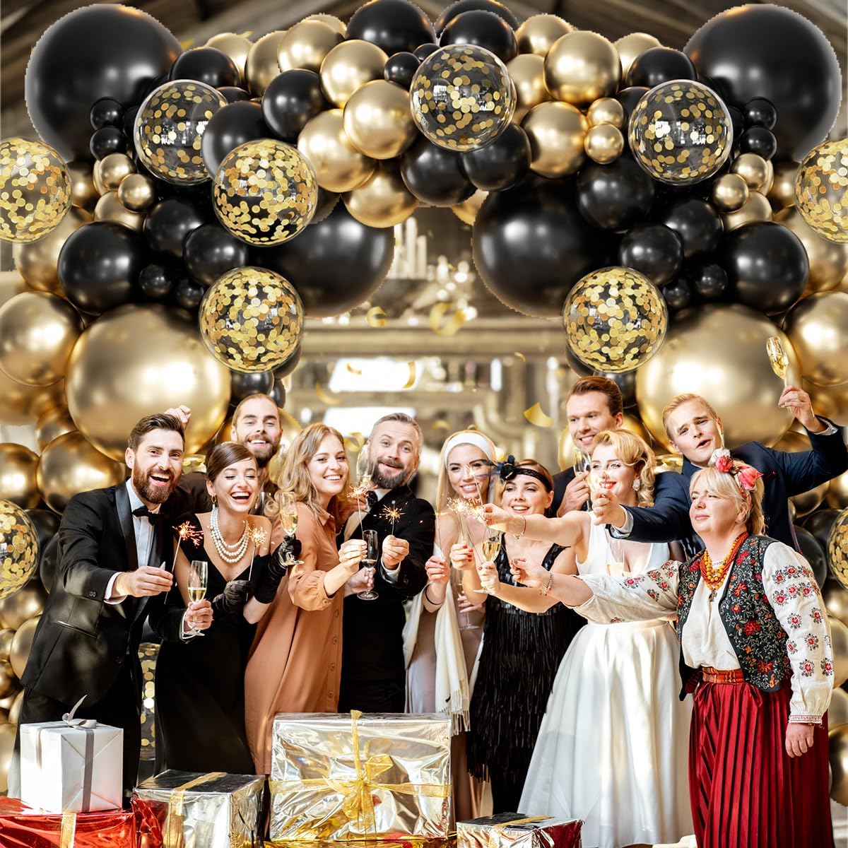 MEBAY 155Pcs Black and Gold Balloon Garland Arch Kit with Gold Confetti