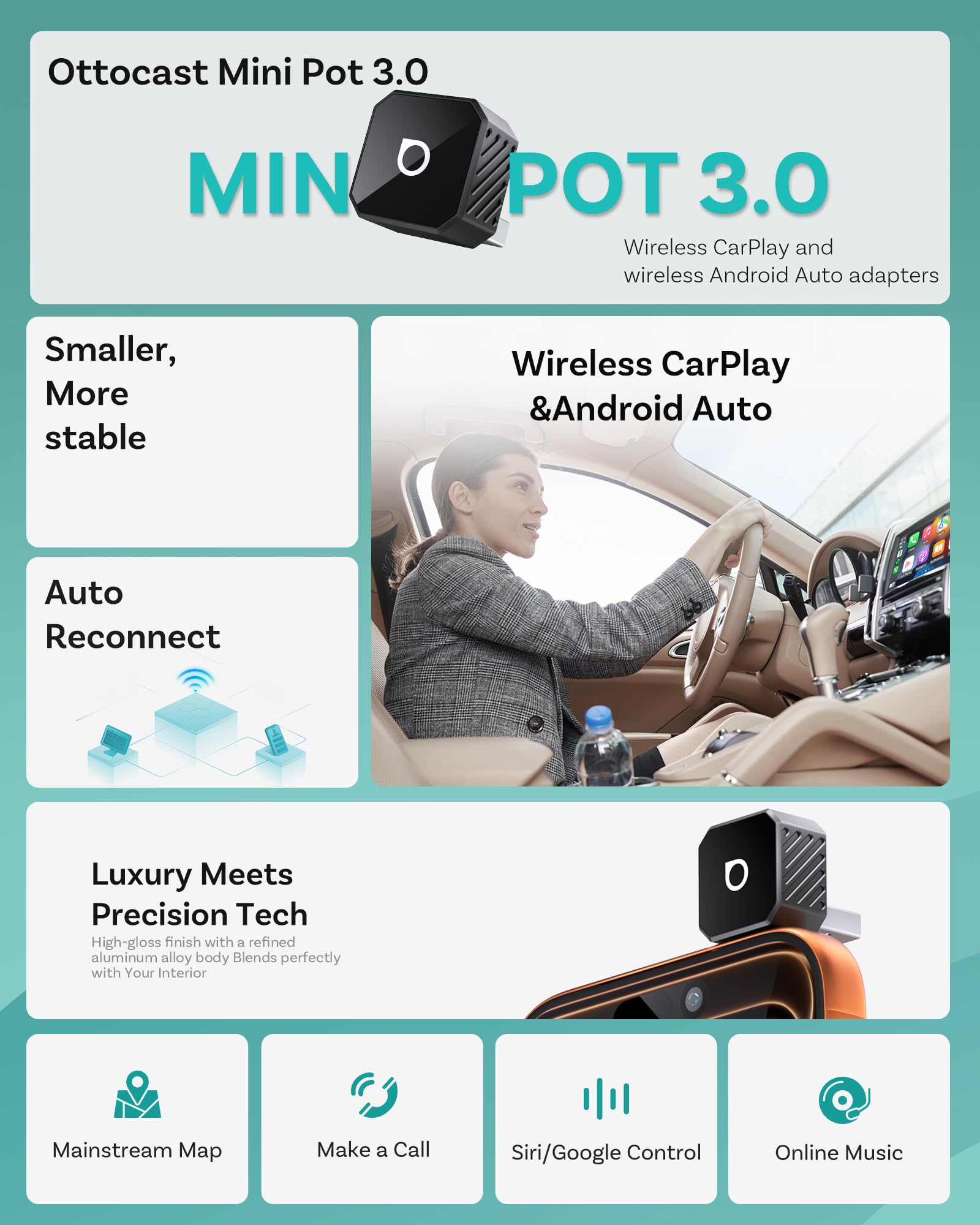 OTTOCAST Mini Pot 2-in-1 Wireless CarPlay/Android Auto Adapter 20 by OTTOCAST - Angle View 5