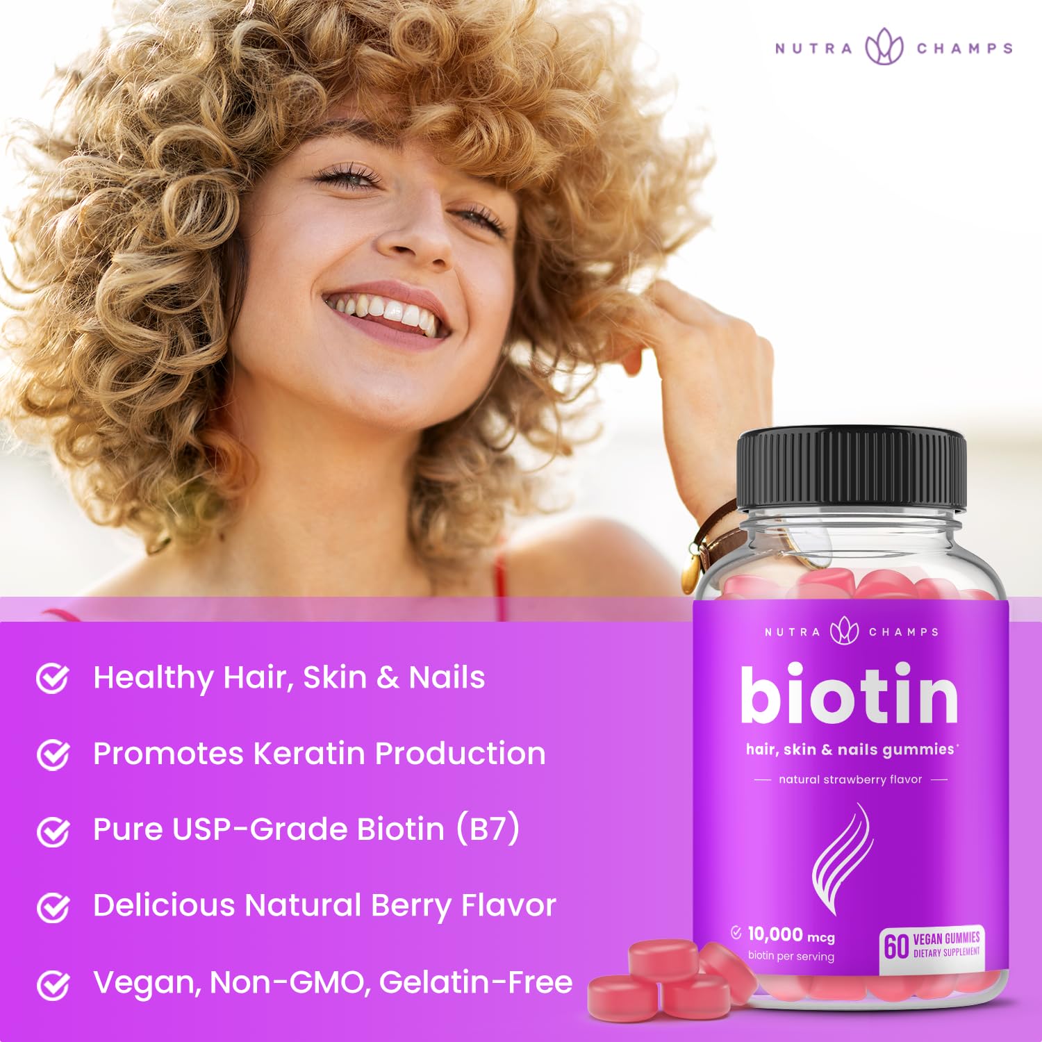 NutraChamps Biotin Gummies 10 000mcg for Healthy Hair Skin - NutraChamps Official Imagery - 3