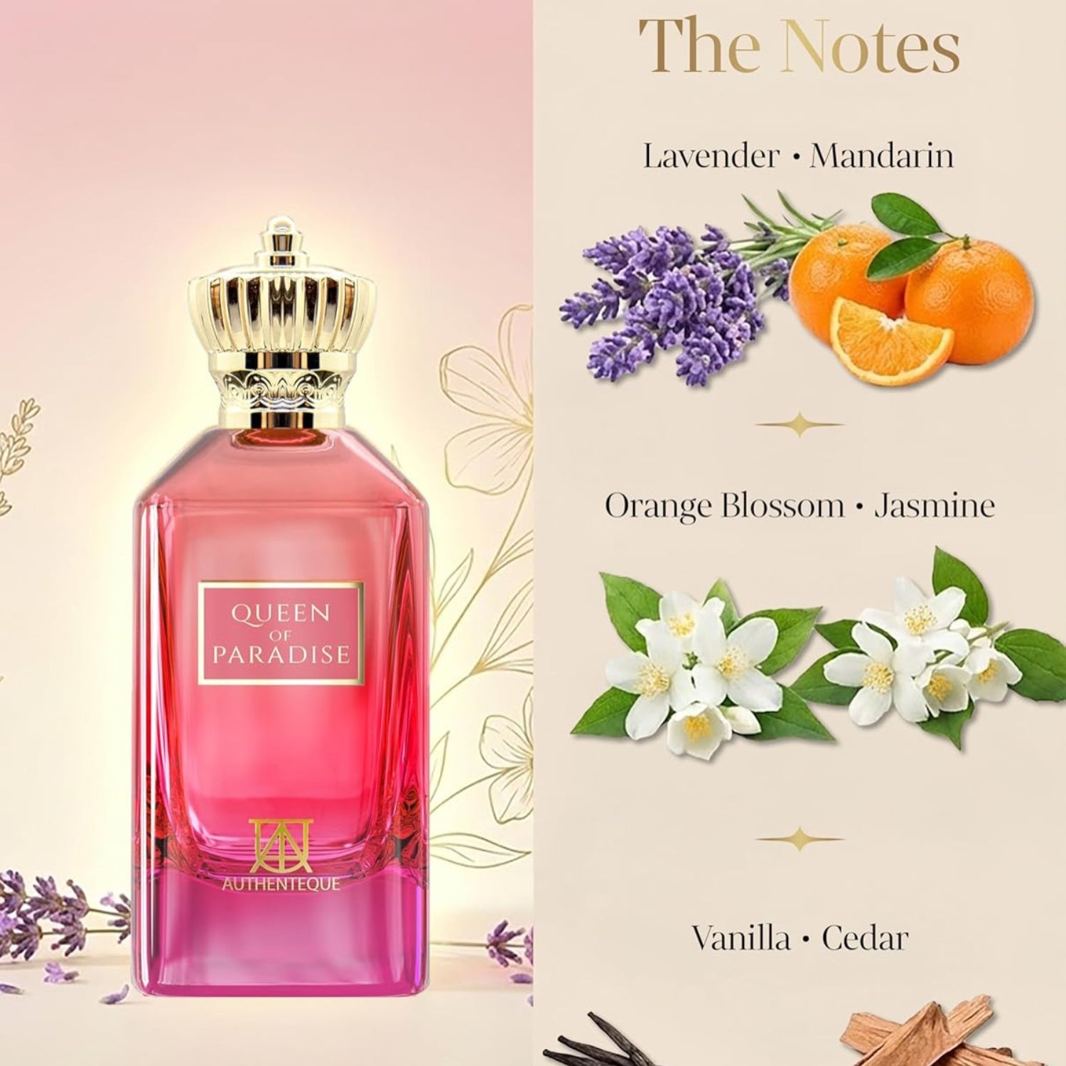 Authentique Queen of Paradise long-lasting vanilla perfume for women, featuring elegant Eau de Parfum bottle.