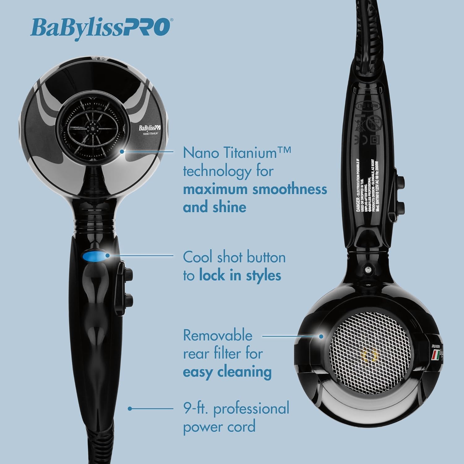 BaBylissPRO Nano Titanium Italian Portofino professional 2000W blow dryer with sleek design and multiple heat settings