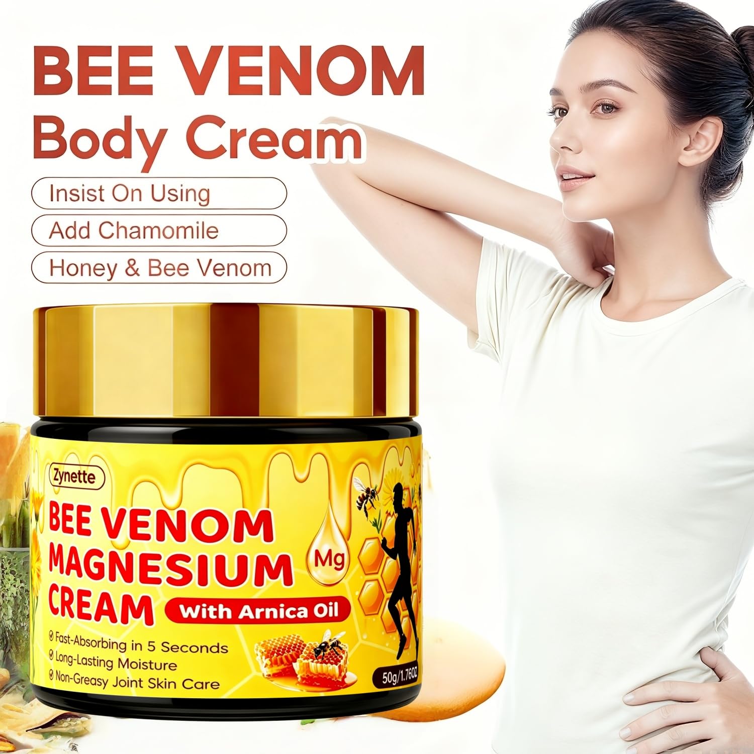 Zynette Bee Venom Magnesium Cream with Arnica Oil Collagen Retinol Anti-aging Moisturizing Cream Deep Hydration Firming Lifting Brighten Smooth Facial Tightening Cream for Joint Skin Care