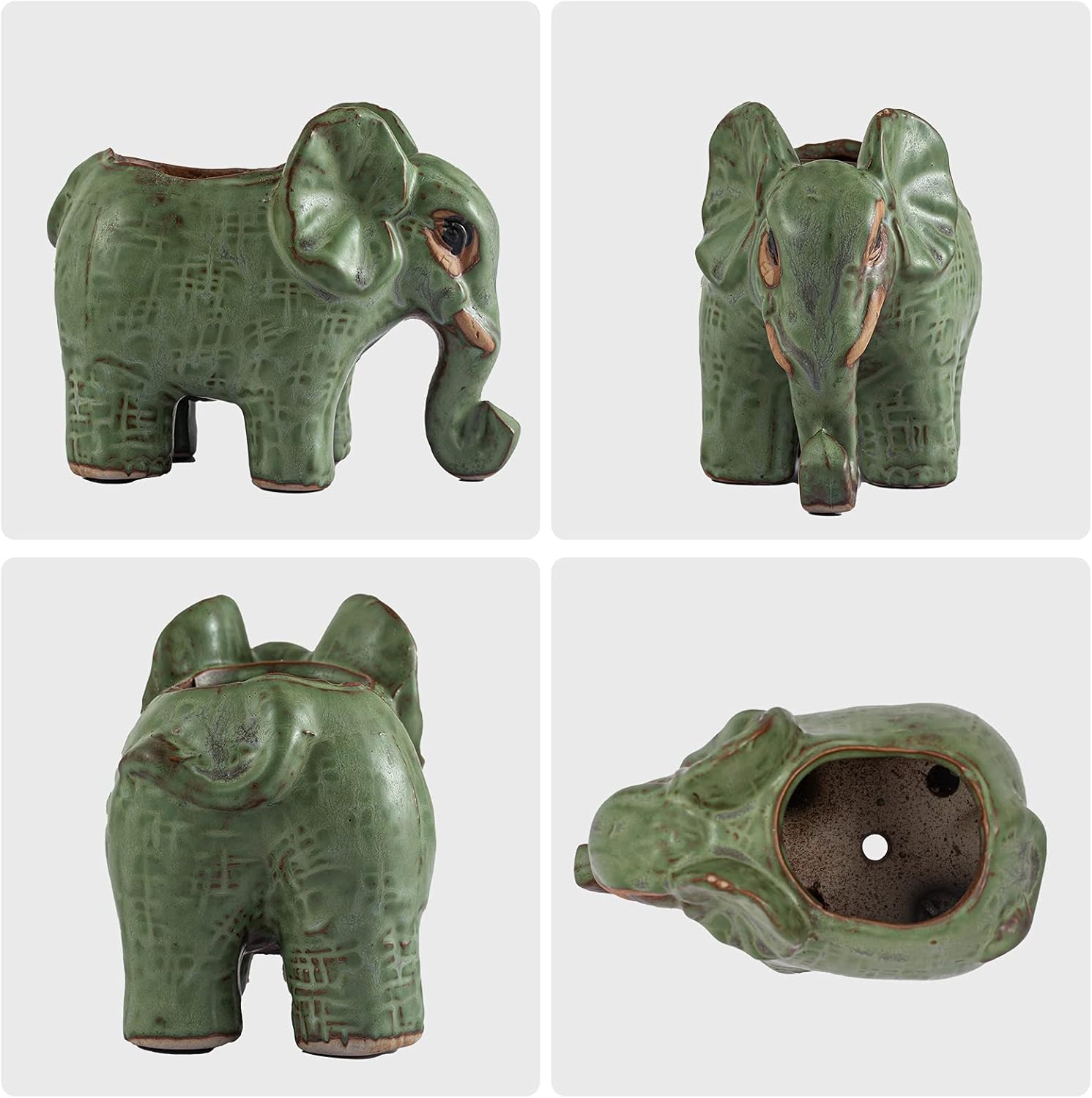 Small ceramic animal planter with drainage holes, designed for succulents and cacti, ideal for indoor or outdoor use.