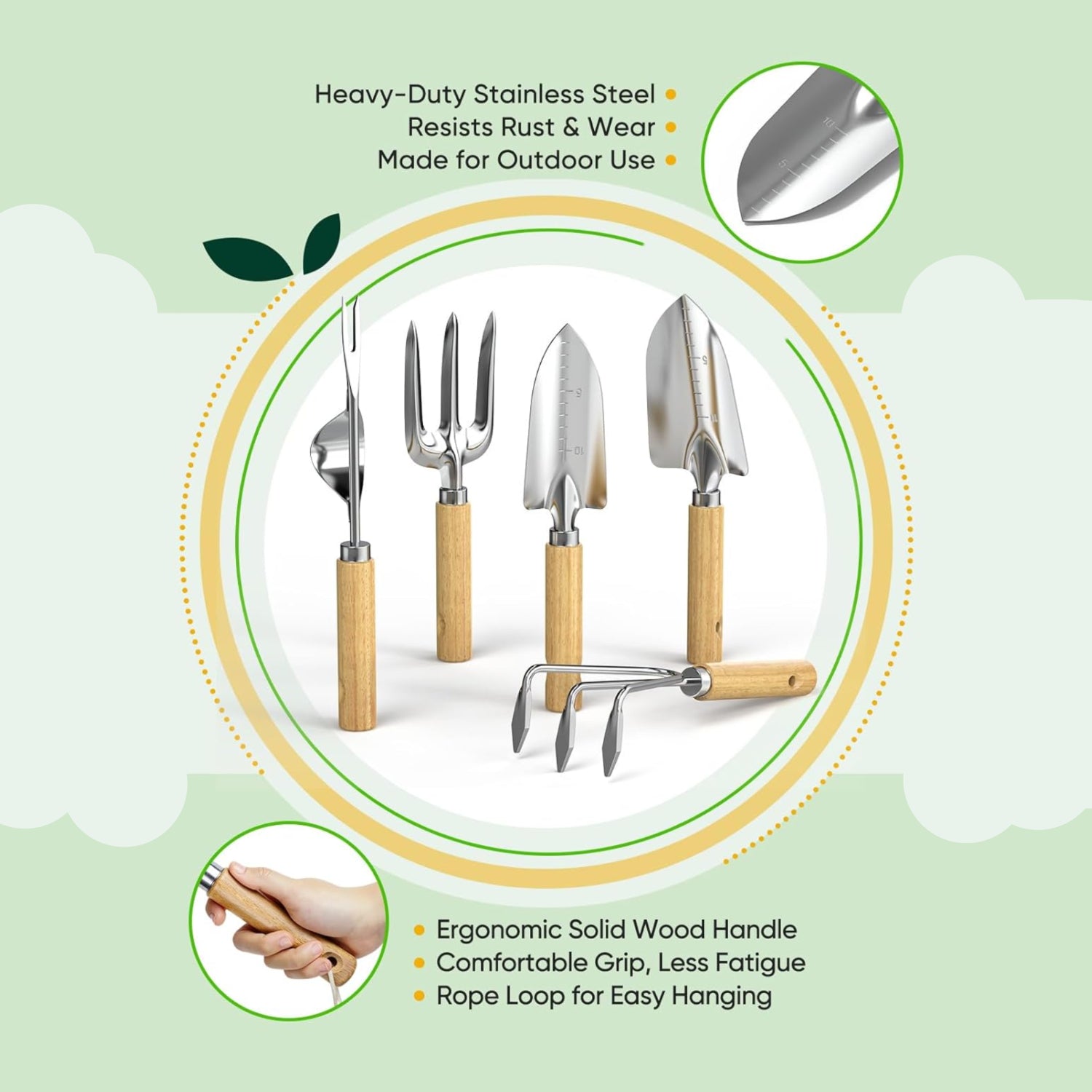 Grenebo wood wall hooks organizer with gardening tools set, 6-piece garden tool storage and hanging hooks for outdoor use
