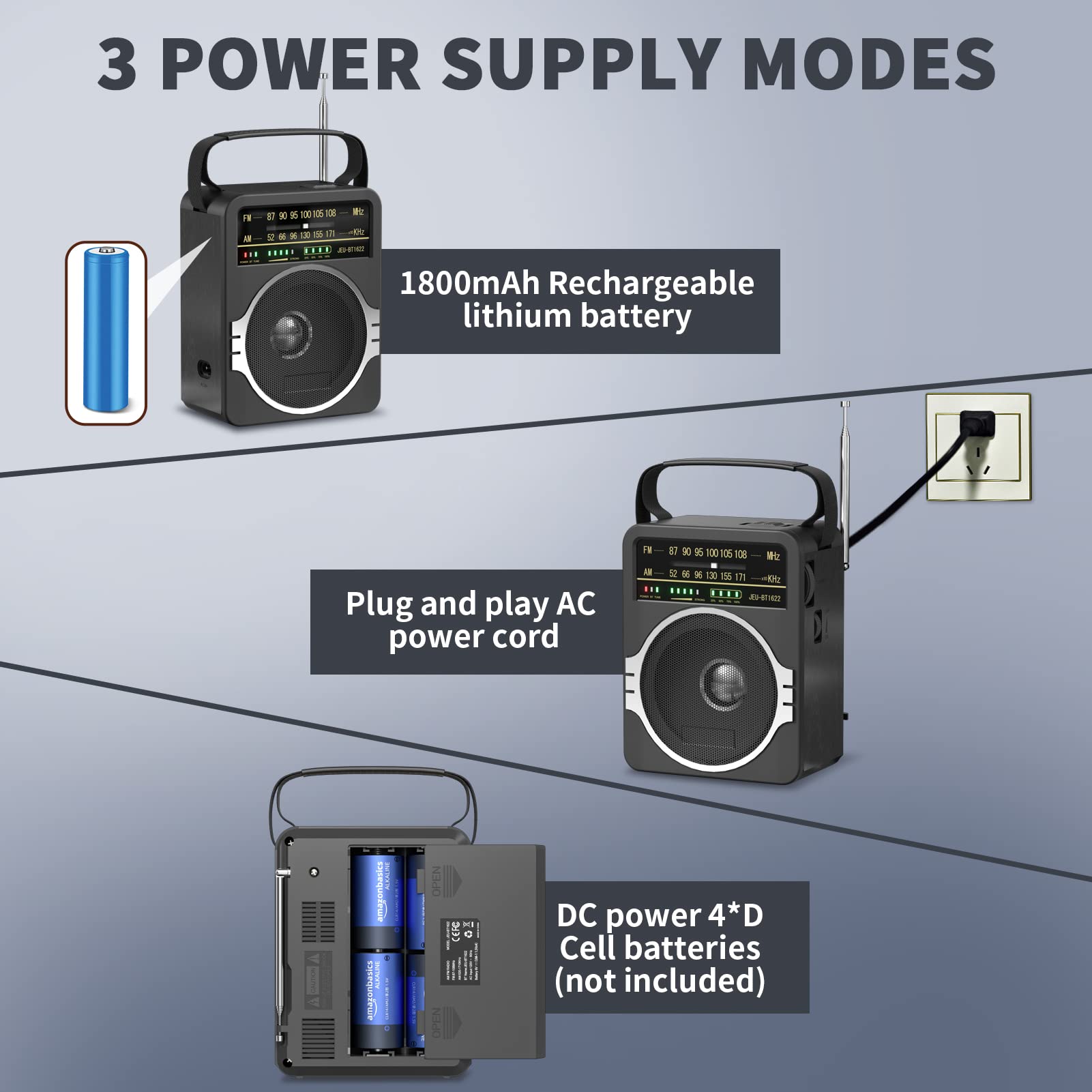JEUJUG Portable AM FM Bluetooth Radio – 5W Loud Speaker