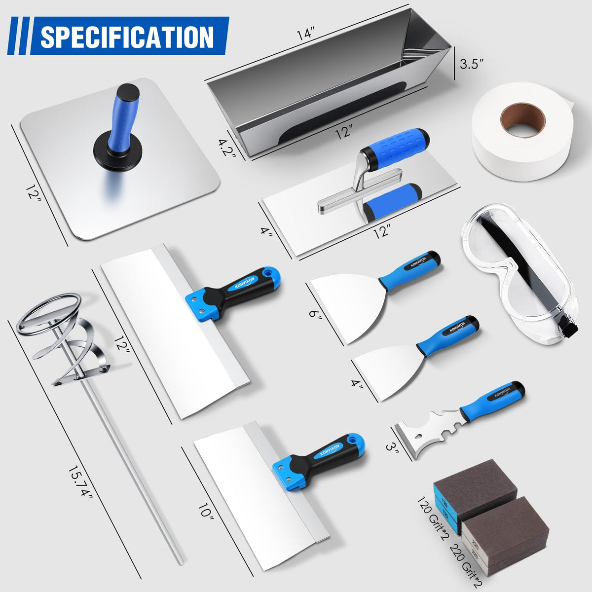 16PCS Drywall Tools Kit Drywall Knife Set with 12 Hawk - Konvixon Official Imagery - 8