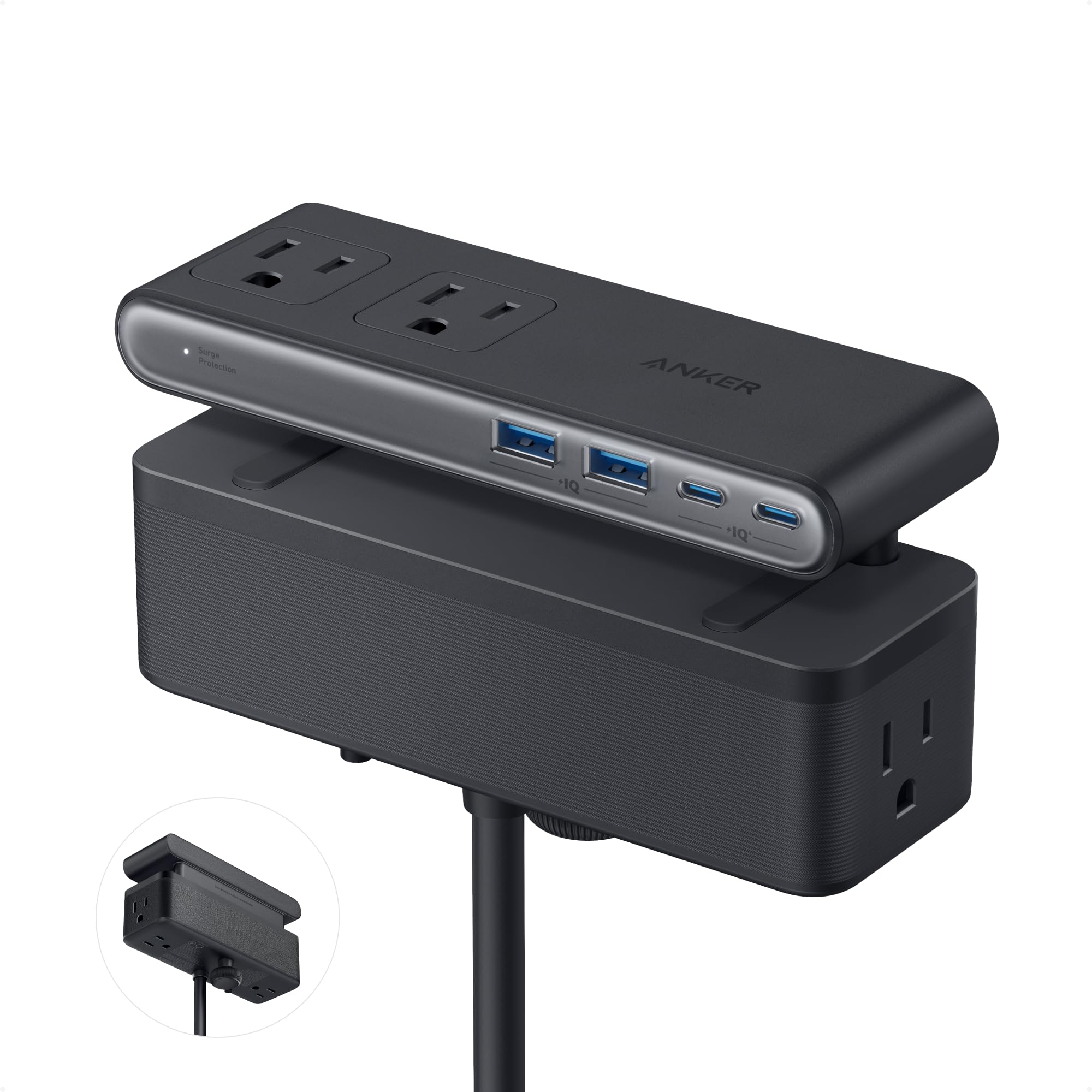 Anker Nano Power Strip with desk clamp, 70W max, 1500J surge protector, and 2 USB-C ports, mounted on a desk.
