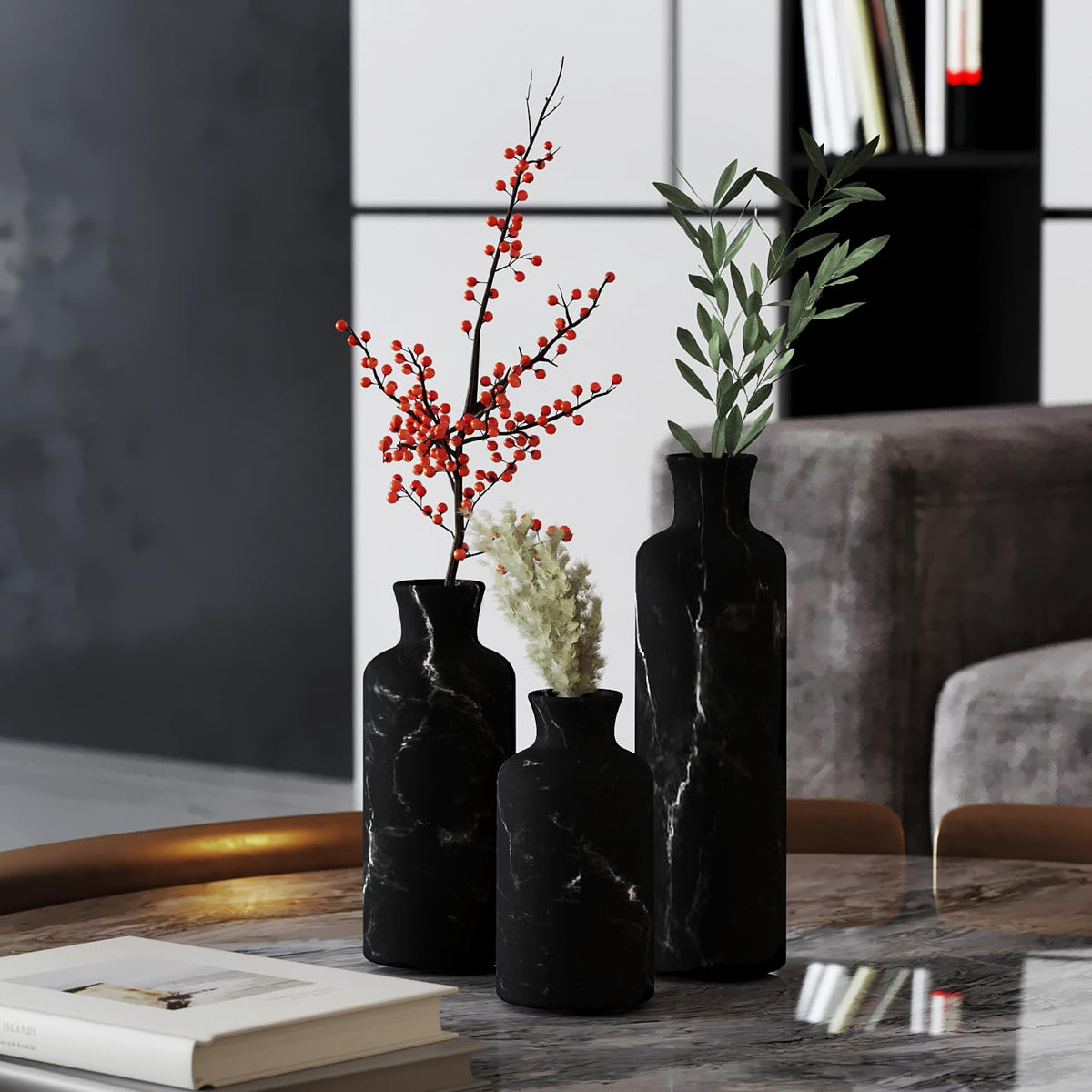 Creative Scents Black Marble Look 3pc Vase Set Boho Vases - Creative Scents Official Imagery - 7
