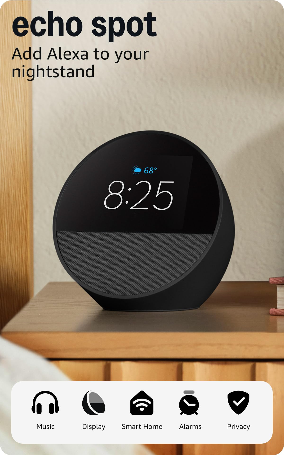 Amazon Echo Spot  , Great for nightstands, offices and kitchens, by Amazon - Angle View 1