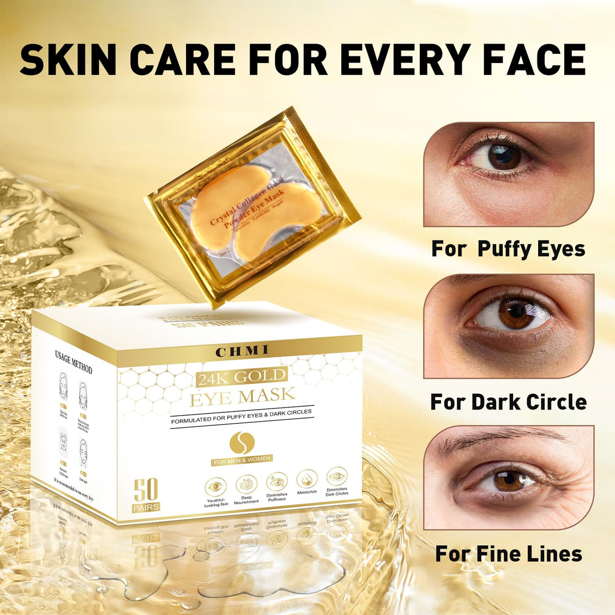 24K Gold Under Eye Patches 200 Pairs Collagen Dark Circles - CHMI Official Imagery - 3