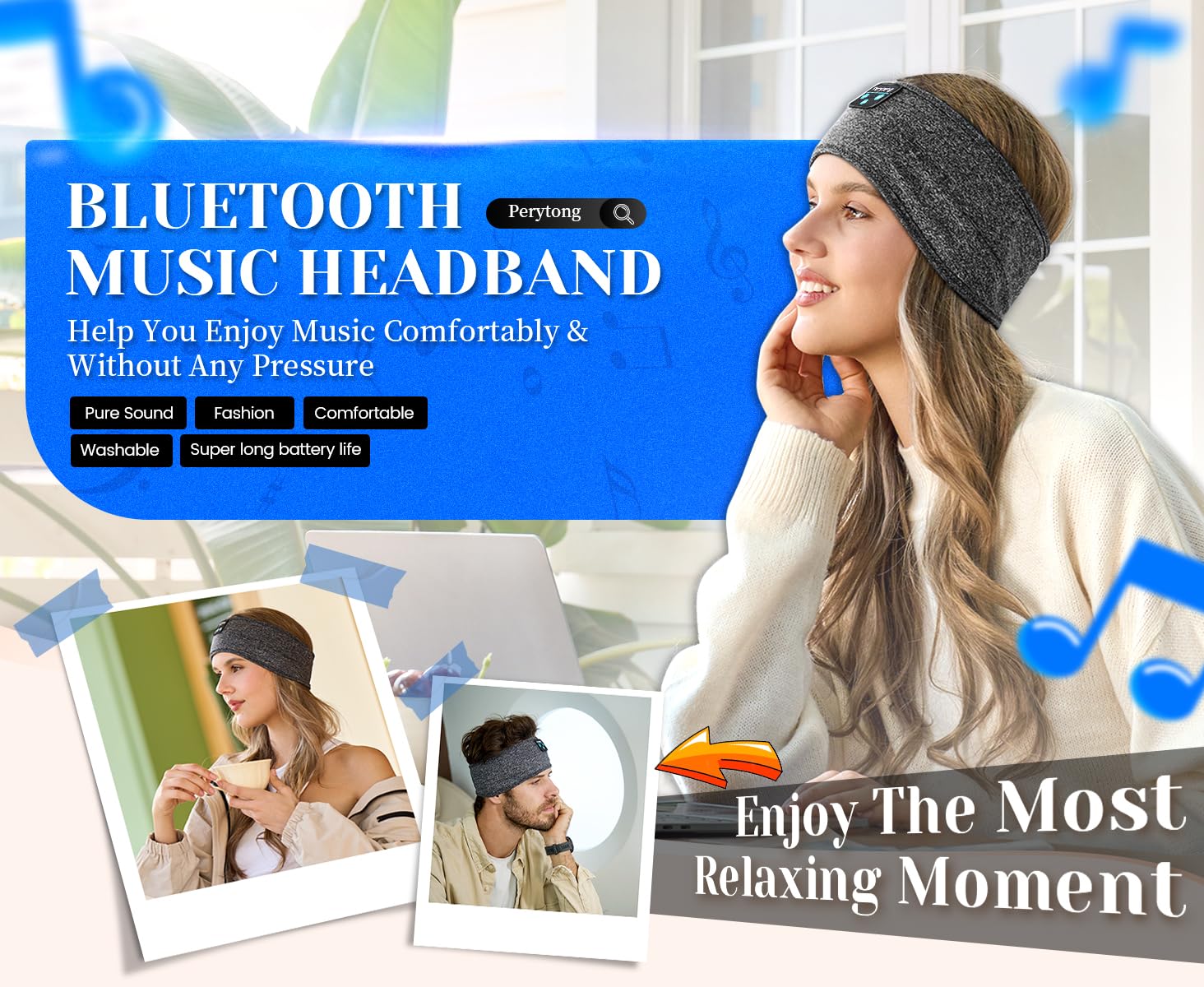 Perytong Sleeping Headphones Bluetooth Headband, Soft Long Time Play S - View 9