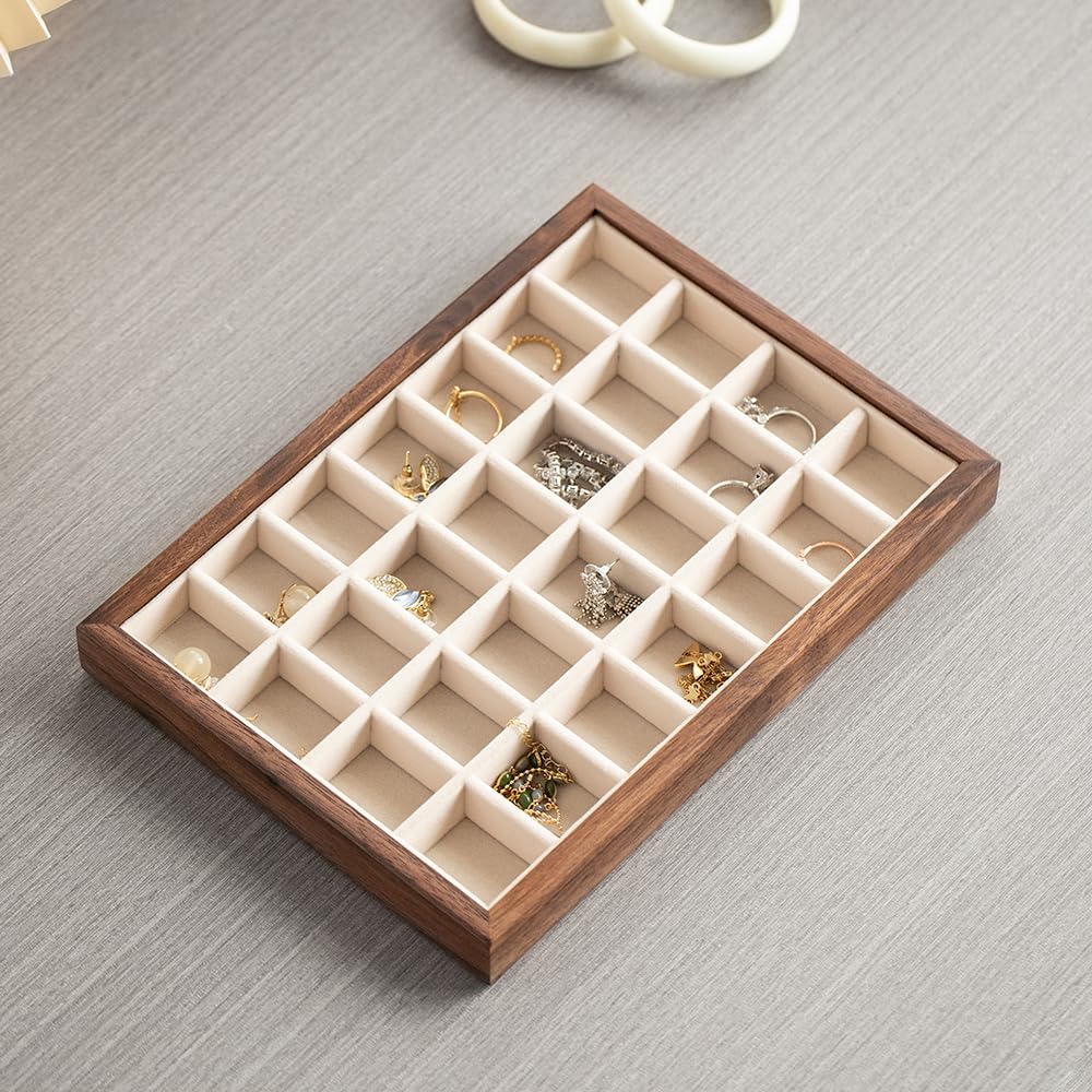 28 Grid Black Walnut Wooden Jewelry Tray with Velvet Lining - MIGAKU HOME Official Imagery - 6