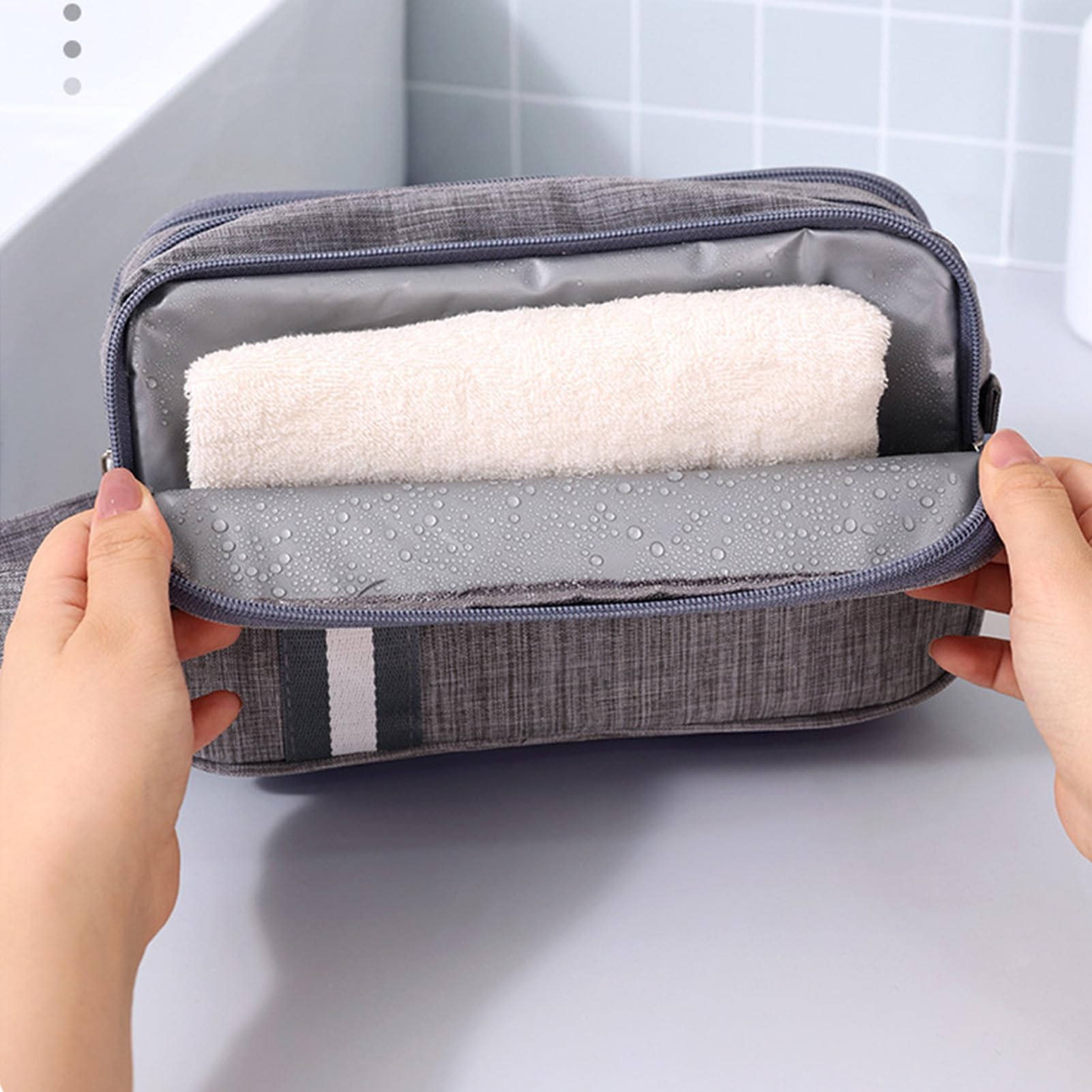 Gucagle cosmetic case, lightweight polyester toiletry bag with dry and wet compartments, portable travel bathroom organizer.