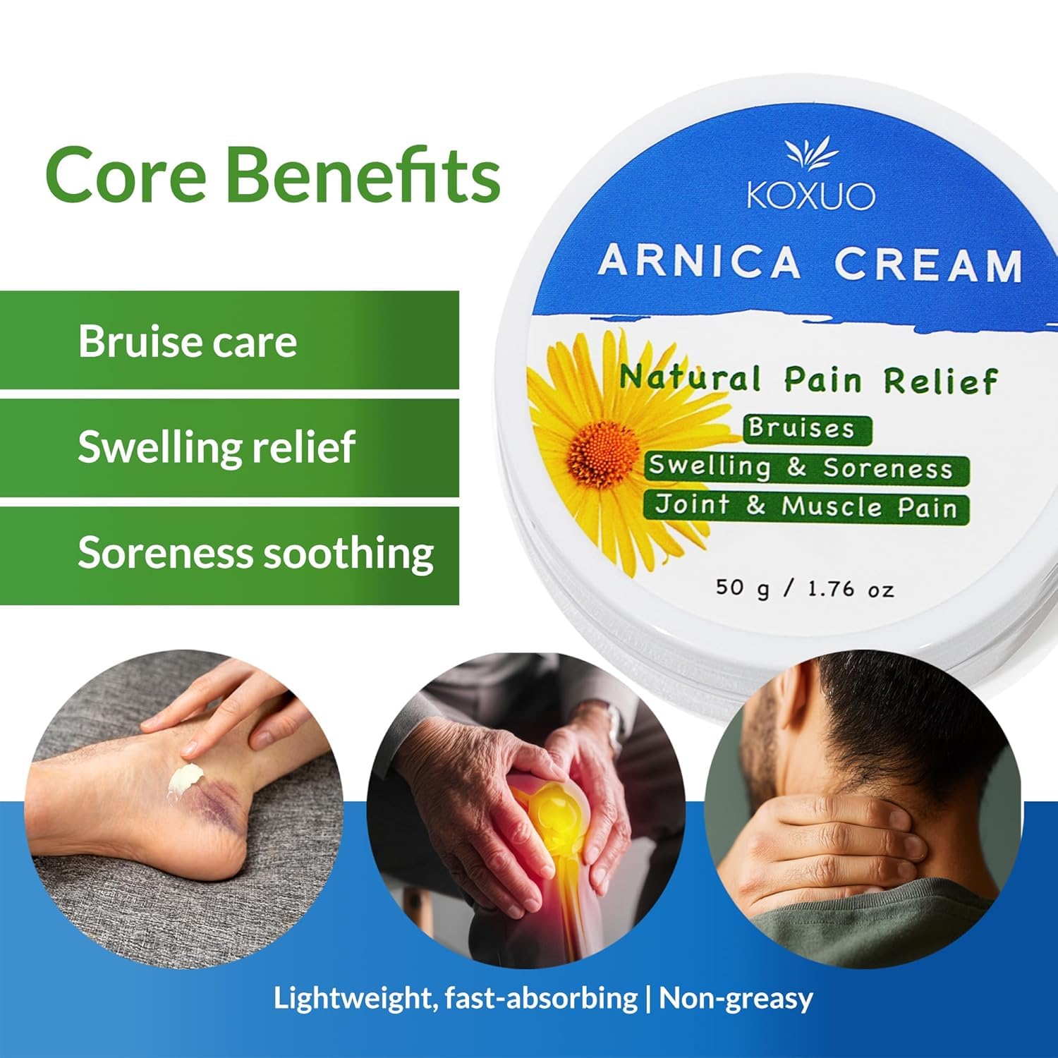 KOXUO Arnica Cream botanical body moisturizer in 50g jar, nourishing skin with natural arnica extract and soothing ingredients.