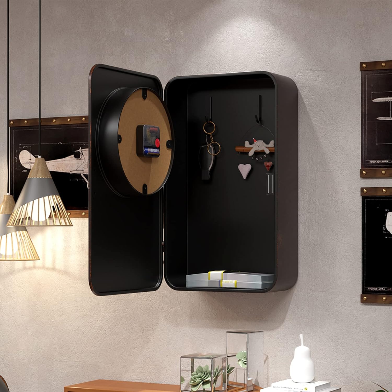 Abdurey retro wall clock with hidden safe, vintage telephone design, battery-operated quartz clock for home decor.