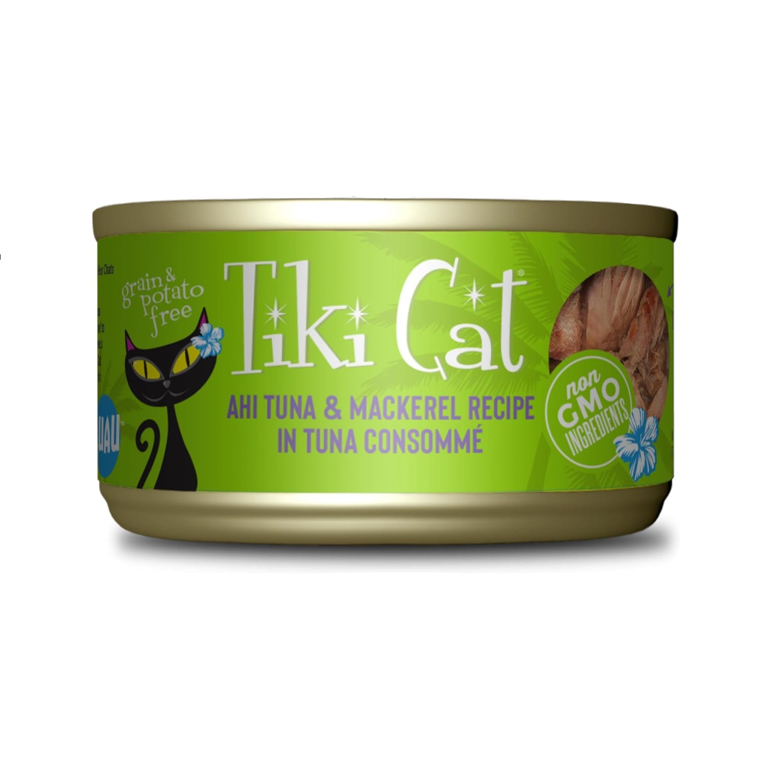 TIKI PETS Tiki Cat Papeekeo Luau canned cat food for adult cats, 2.8 oz cans, pack of 12, with colorful label and open can.