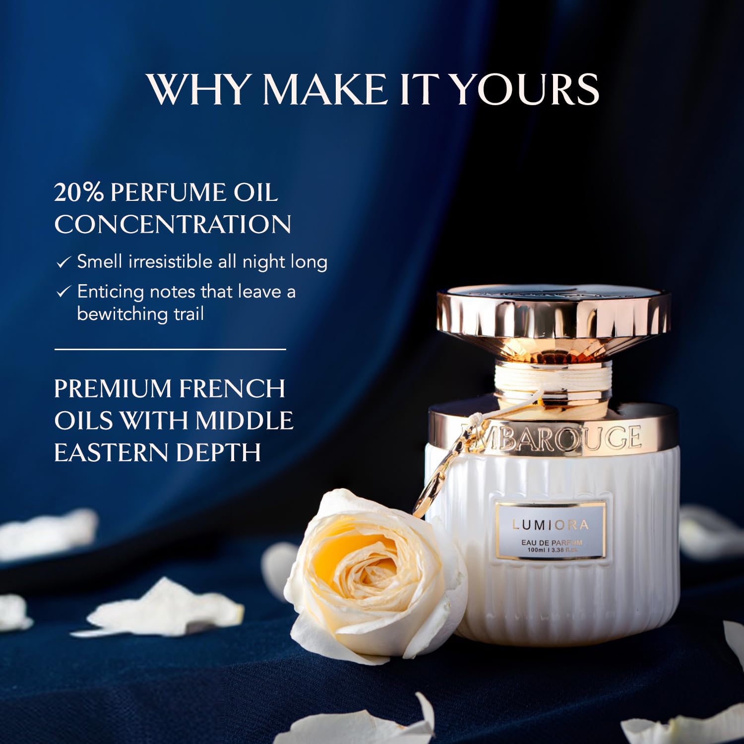 EMBABOURGE Lumiora Eau De Parfum 100ML for women, Dubai-inspired oud fragrance with smoky floral notes and black currant.